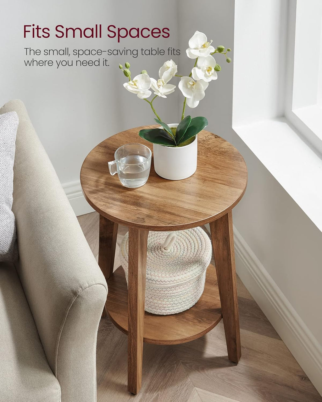 VASAGLE Side Table, Small Round End Table with Lower Shelf, Nightstand for Small Spaces, Living Room, Bedroom, Rustic Walnut ULET283T41