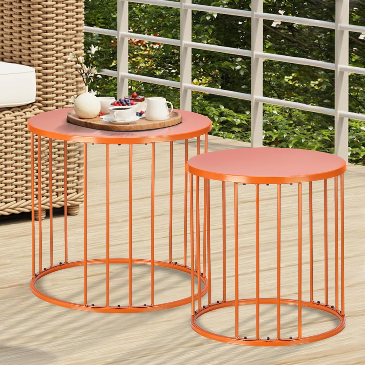LEWIS&WAYNE Outdoor Side Table Set of 2, Metal Circle Accent End Tables for Balcony Backyard Garden Indoor Living Room, Durable Nesting Coffee Tables, 20”+16” Dia, Orange