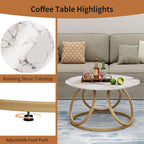OIOG Round Coffee Table for Living Room, Modern Coffee Table with Marbling Natural Stone, Gold & White