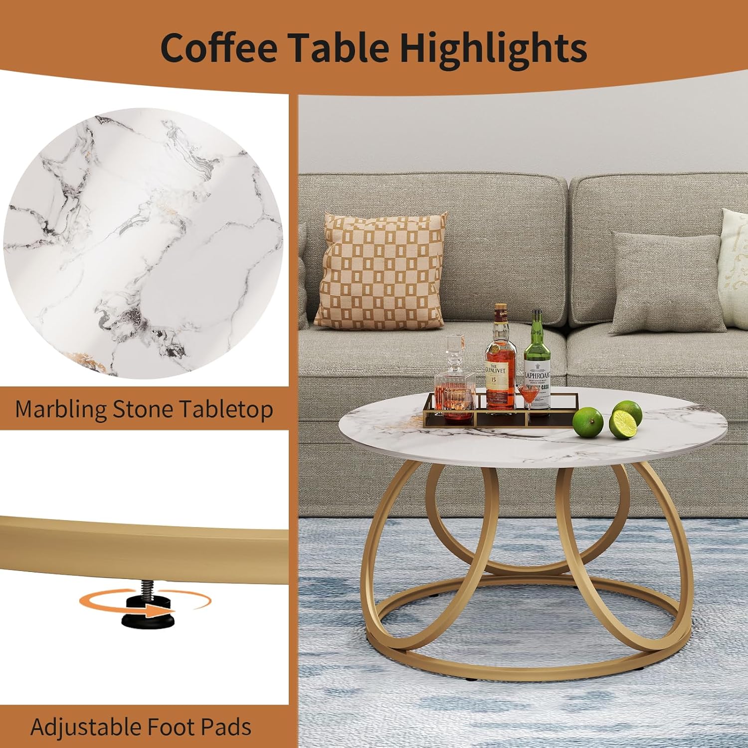 OIOG Round Coffee Table for Living Room, Modern Coffee Table with Marbling Natural Stone, Gold & White