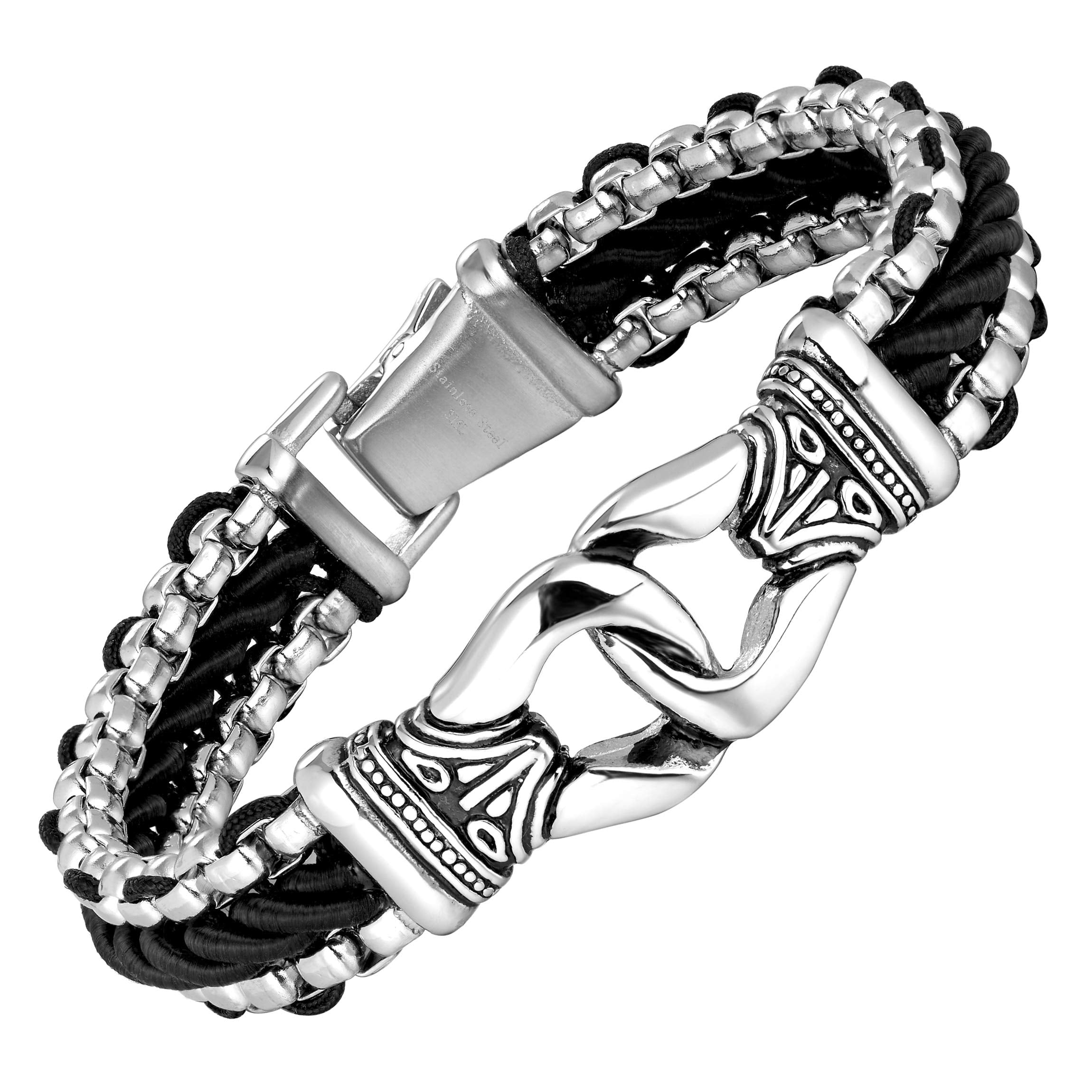 Urban Jewelry Men’s Stainless Steel Link Bracelet – 9-Inch Heavy 0.5” Wide Chain – Silver/Black or Gold/Black – Chain Option – Bold Design – Gift Box Included