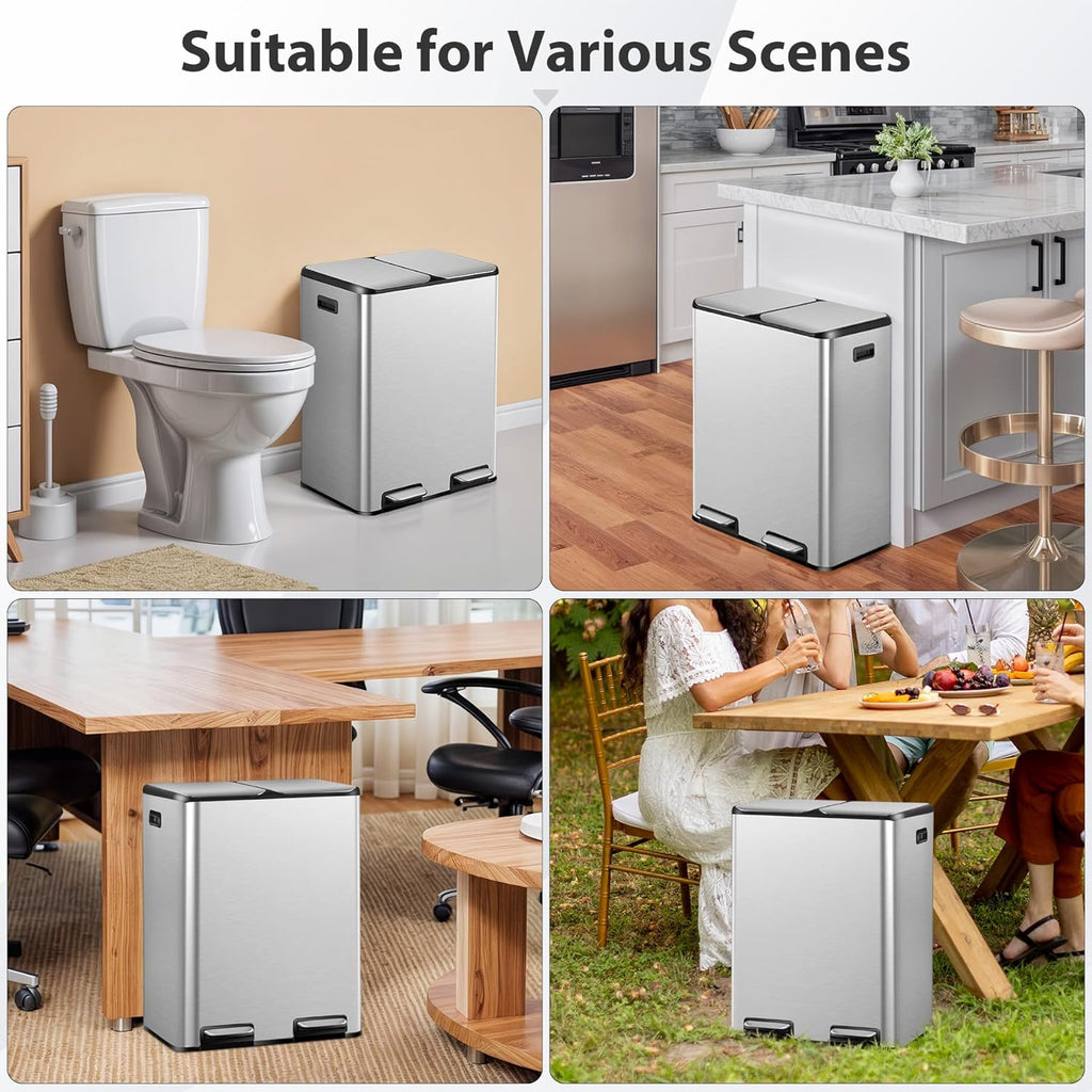 SUPER DEAL Kitchen Trash Can 16 Gallon 60L Dual Stainless Steel Garbage and Recycling Can with Foot Pedal for Kitchen, Living Room, Office, Removable Inner Buckets Soft Close Lid Odor Proof, Silver