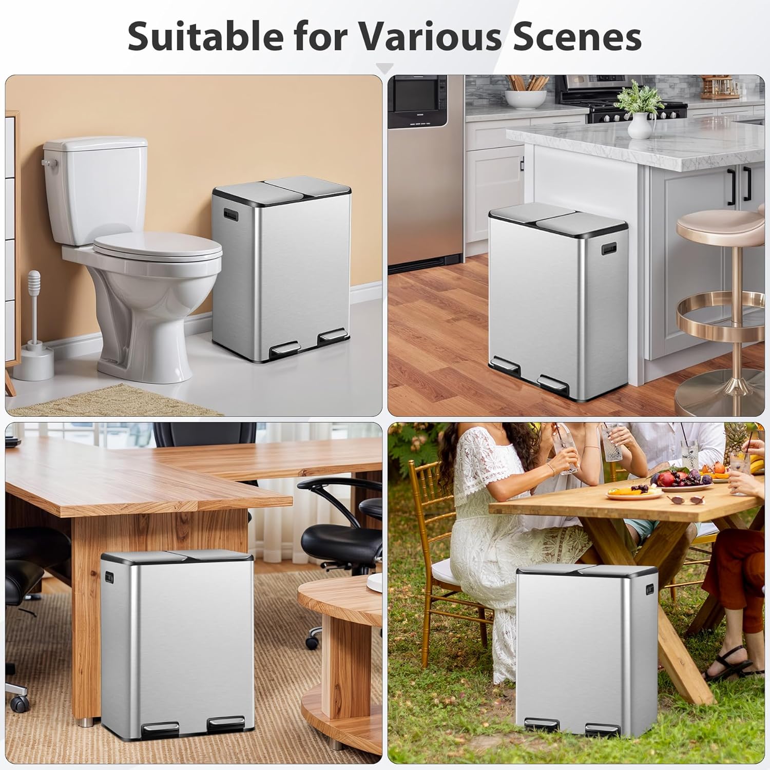 SUPER DEAL Kitchen Trash Can 16 Gallon 60L Dual Stainless Steel Garbage and Recycling Can with Foot Pedal for Kitchen, Living Room, Office, Removable Inner Buckets Soft Close Lid Odor Proof, Silver