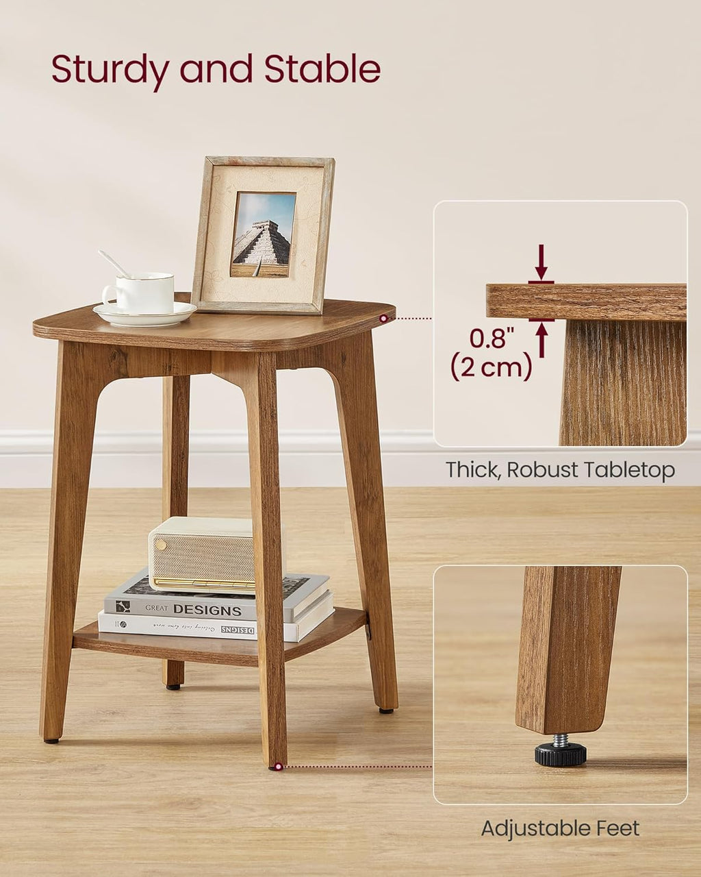 VASAGLE MAEZO Collection - Side Table, 2-Tier Small Square End Table, Nightstand with Tapered Legs, Curved Transitions, for Small Spaces, Living Room, Bedroom, Honey Brown ULET236K01