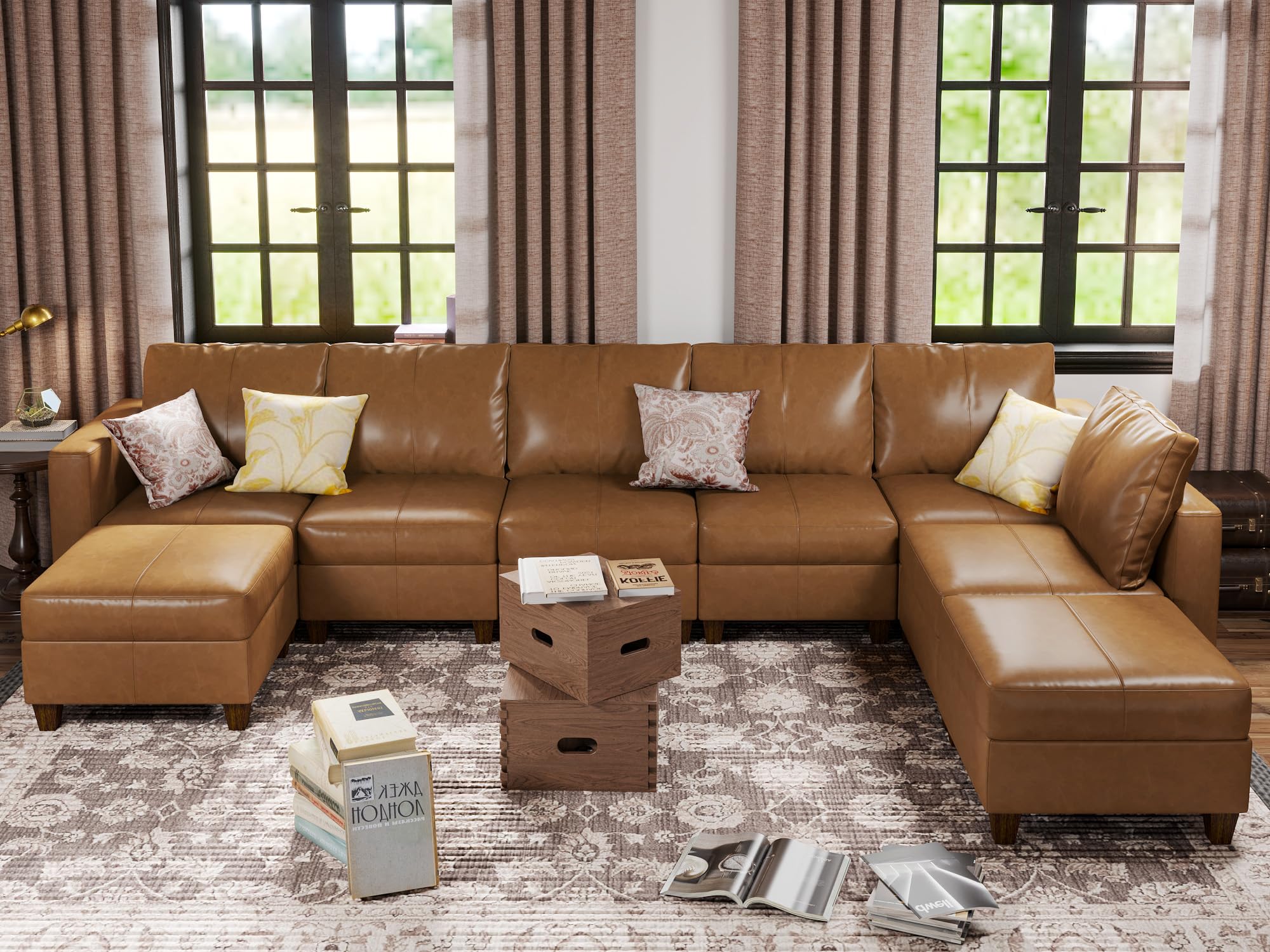 EASE MOOSE Brown Modular Sectional Couch with Storage, Faux Leather Sectional Modular Sofa or Living Room