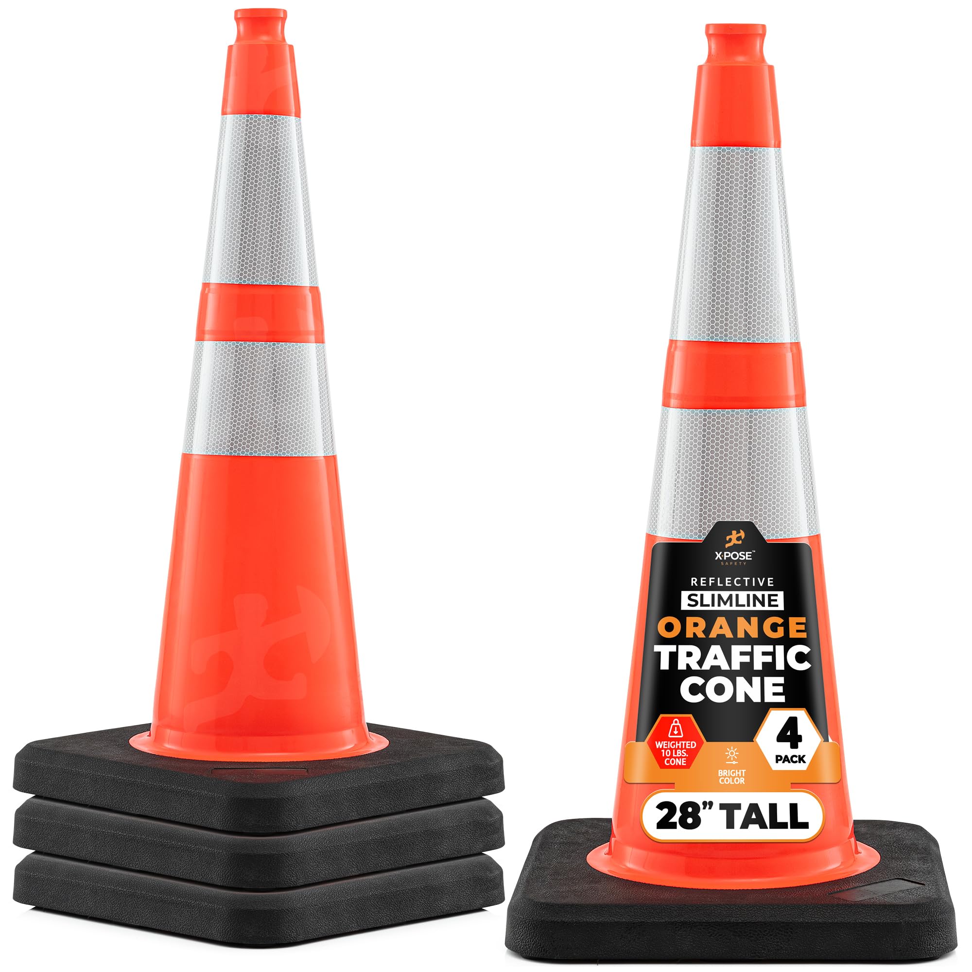 Xpose Safety 28 Inch Orange Slim Line Traffic Cones with 6" & 4" Collars, 24 Pack Multipurpose PVC Plastic Safety Cone for Parking, Soccer, Caution, Kids & Construction - DOT Approved