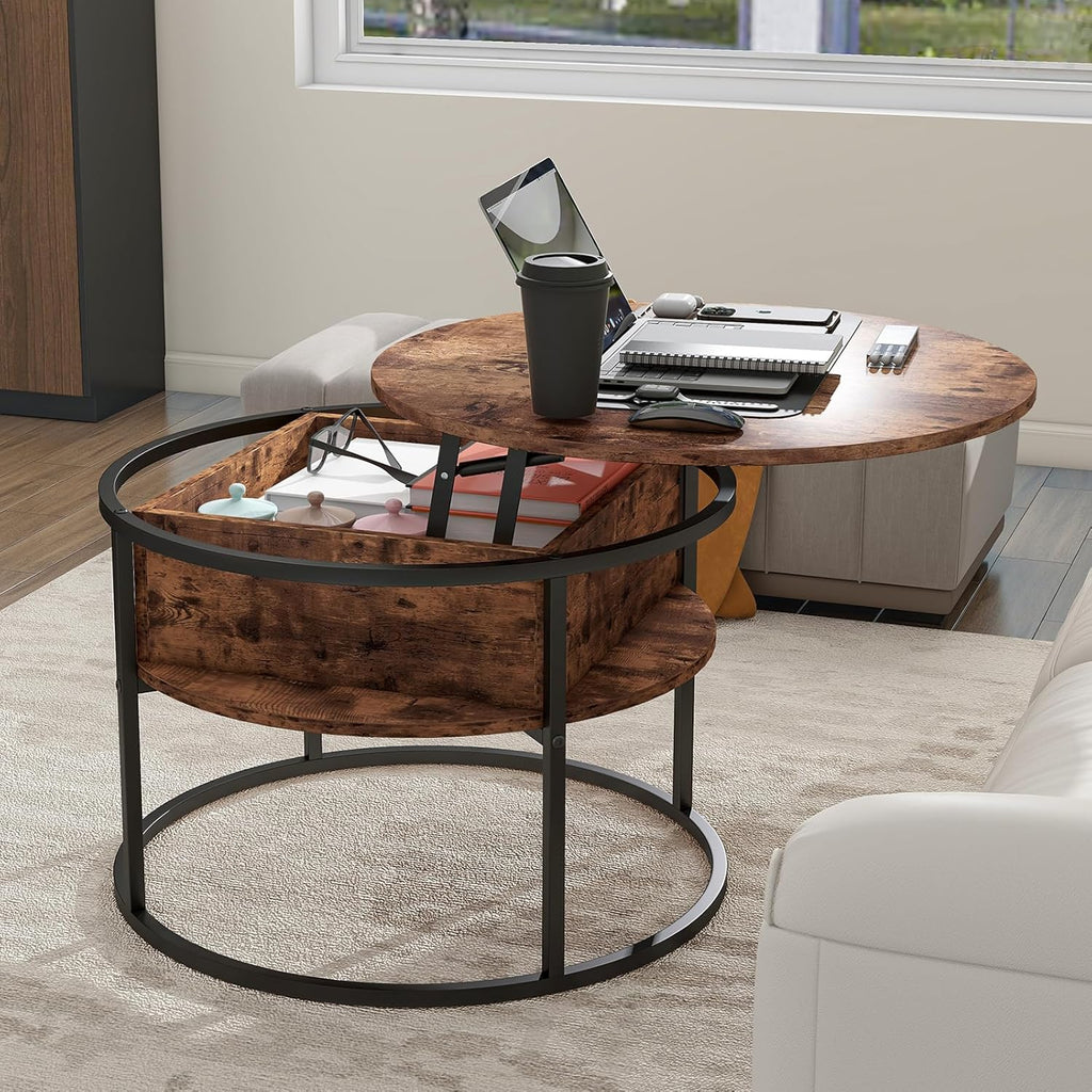 Round Lift Top Coffee Table,Coffee Tables Living Room,Black Coffee Table with Storage Hidden Compartment,Wood Farmhouse Coffee Table Decor,Center Table for Living Room,Modern Coffee Table