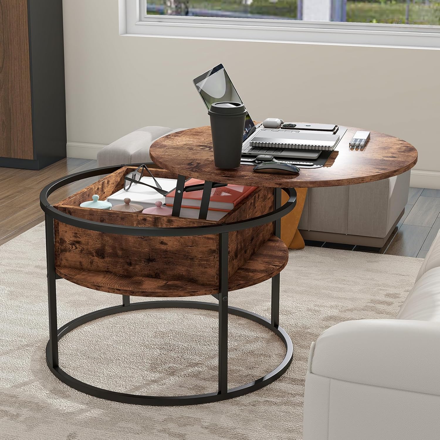 Round Lift Top Coffee Table,Coffee Tables Living Room,Black Coffee Table with Storage Hidden Compartment,Wood Farmhouse Coffee Table Decor,Center Table for Living Room,Modern Coffee Table