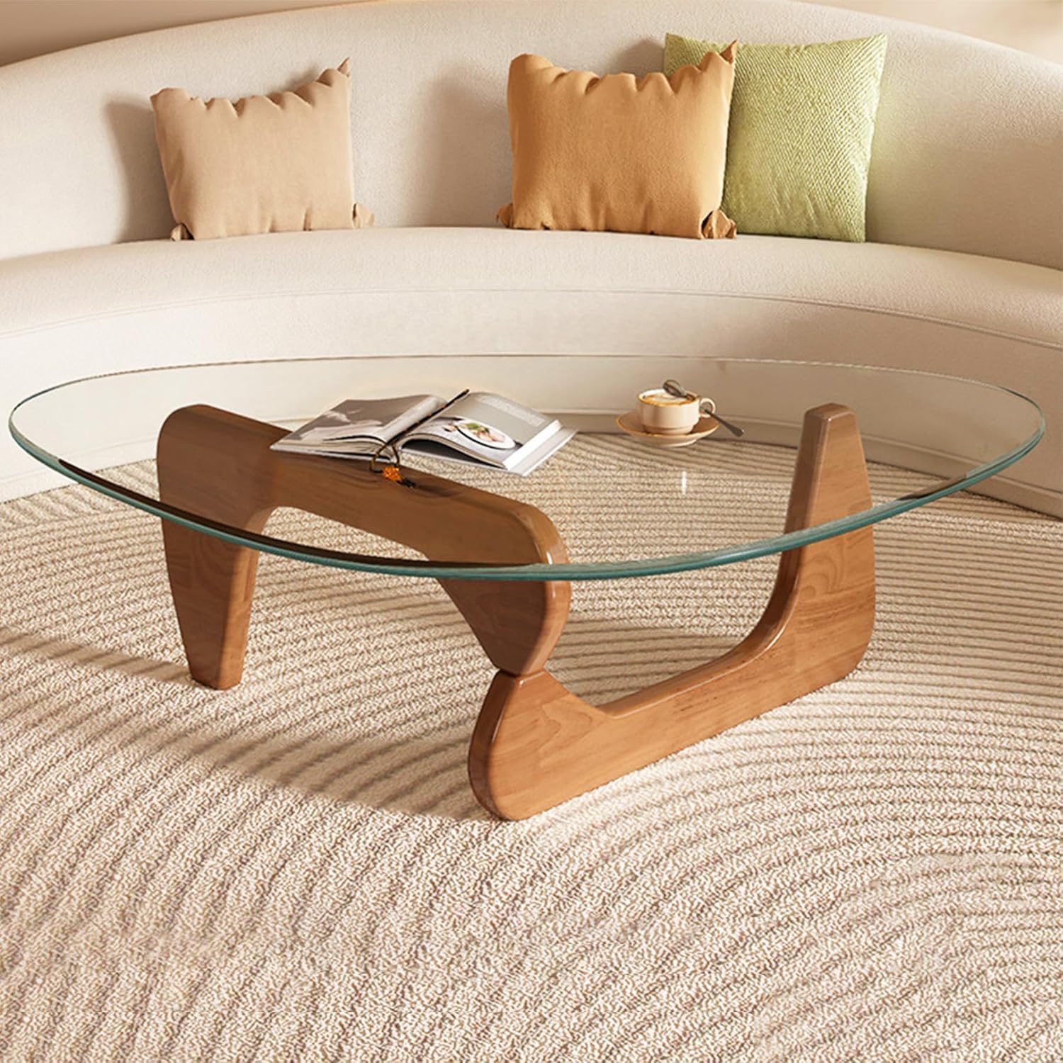 Small Coffee Table Modern Glass Coffee Table, Mid Century Coffee Tables for Living Room, Mesa de Centro para Sala, Rustic Oval Coffee Tables with Glass Top & Wood Base, (Walnut Brown, 31.5in)
