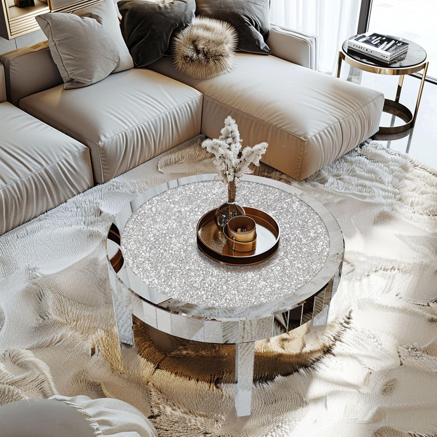 Round Mirrored Coffee Table: 31.5 inches Large Decorative Bling Crushed Diamond Tabletop with Silver Mirror Crystal Edge Frame and Legs Luxury Modern Home Decor for Livingroom