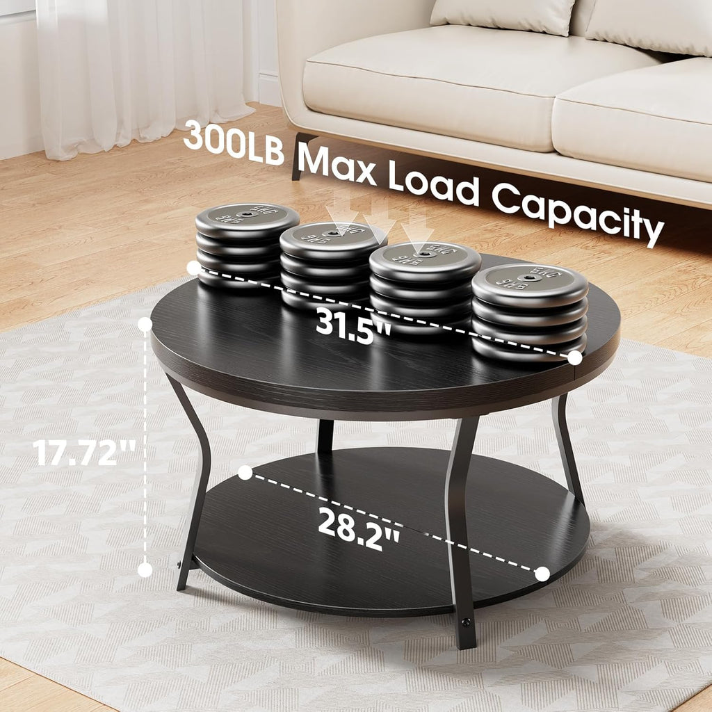 Round Coffee Table, Circle Wood Coffee Tables for Living Room, 2 Tier Industrial Modern Center Table with Thickened Tabletop and Metal Frame, 31.5 inch (Black)