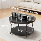 Round Coffee Table, Circle Wood Coffee Tables for Living Room, 2 Tier Industrial Modern Center Table with Thickened Tabletop and Metal Frame, 31.5 inch (Black)