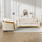 Mid Century Modern Chesterfield Sofa Couch, 81" Velvet Couch White and Gold Sofa Luxury Curved Loveseat for Living Room, 3 Seat Tufted Sofas with 2 Pillows & Classic Gold Legs, Beige White