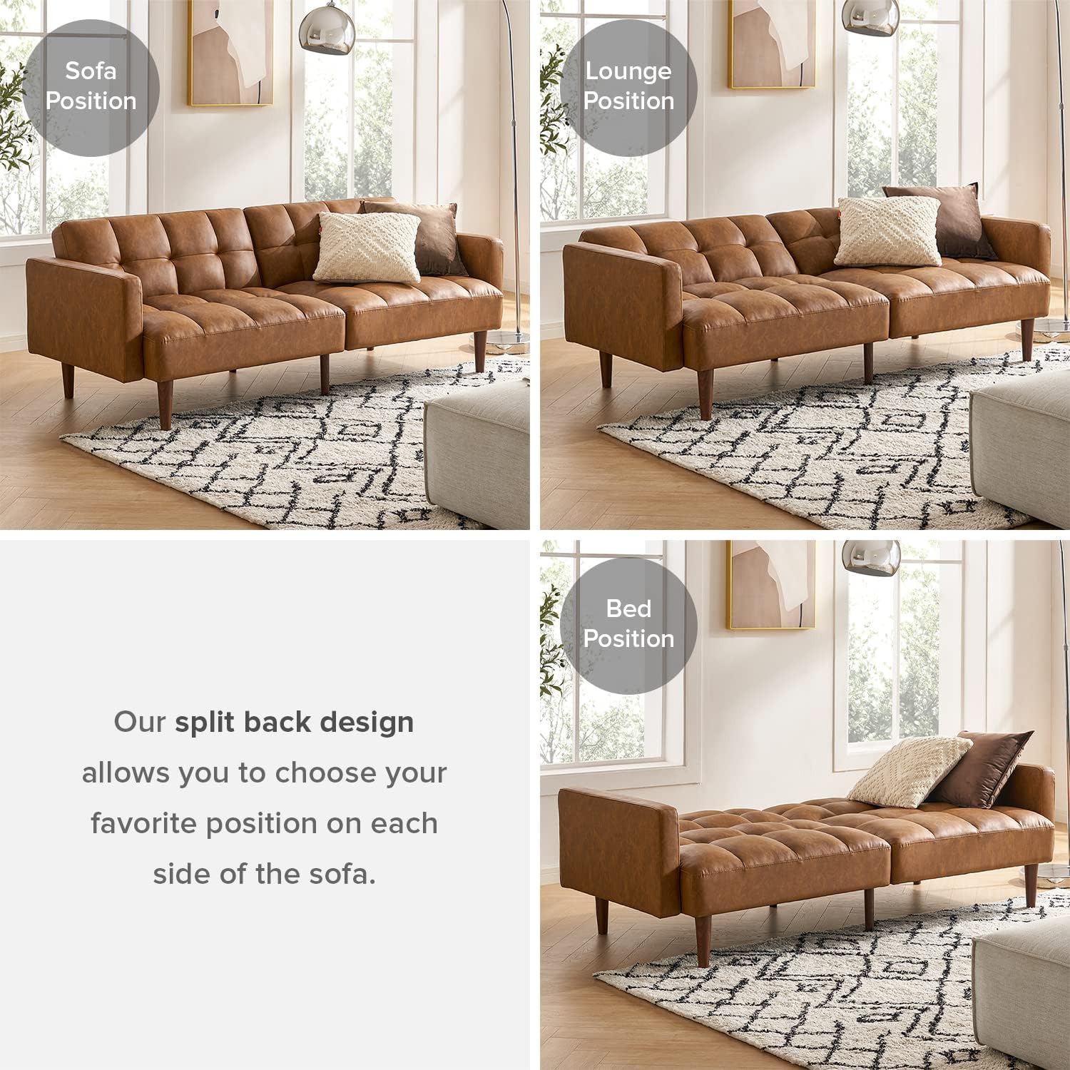 mopio Aaron 76.8" Couch, Small Futon Sofa Bed, Sleeper, Loveseat, Mid Century Modern Futon Couch, Sofa Cama, Couches for Living Room, Bedroom (Pecan Brown, Faux Leather)