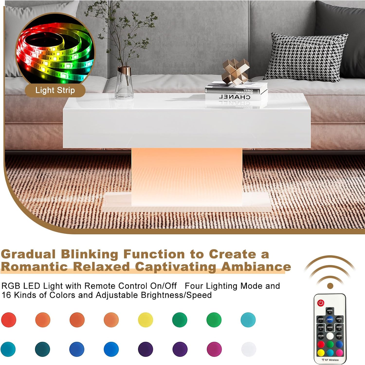 Led Coffee Table for Living Room, Living Room Table Rectangular Center Table, Modern High Glossy Wooden Coffee Tables with 16 Colors LED Lights for Dining Reception Room, White