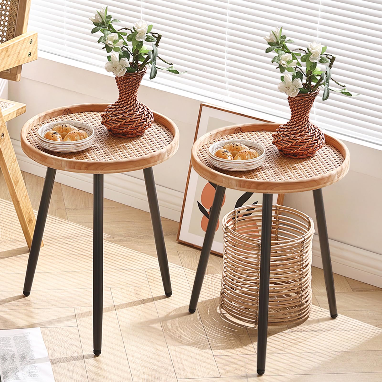 LITA Log Desktop Round Side End Table, Indoor Outdoor Wooden Tray Nightstand Table with Metal Stand for Living Room Bedroom Office Small Spaces (M)