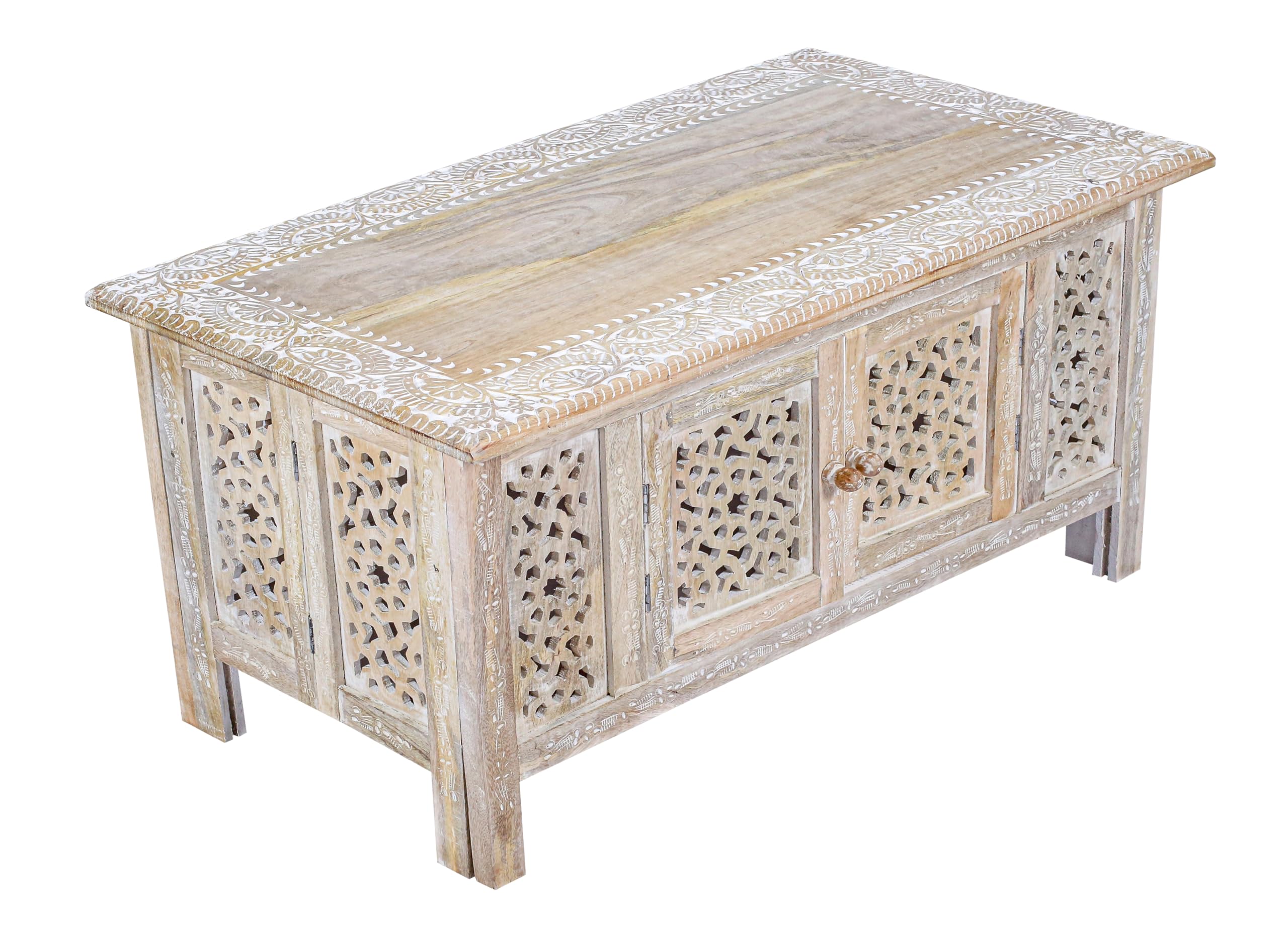 Hand-Carved Wooden Coffee Table – 36” x 18” Rectangular Mango Wood Center Table with Storage, Natural Burnt Finish, Living Room & Accent Table