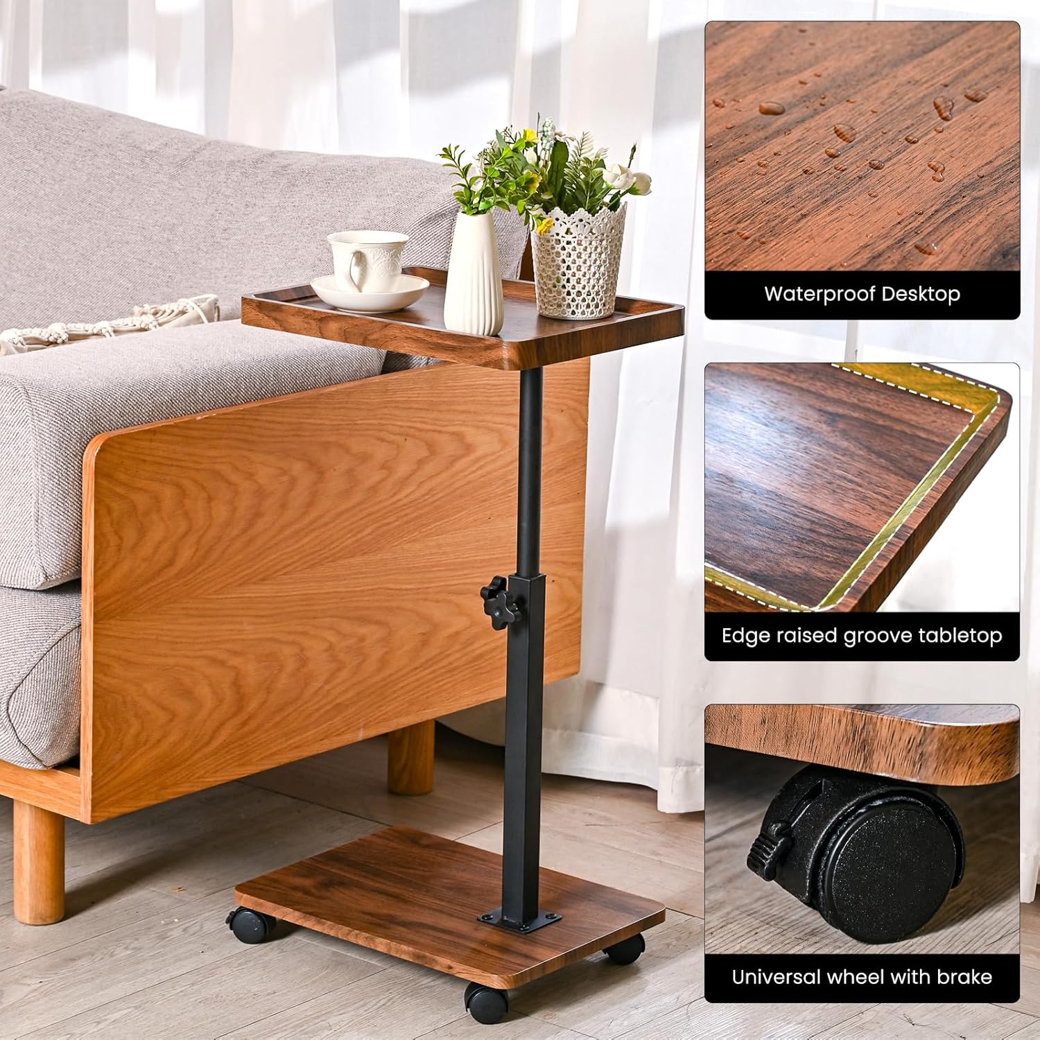 C Table End Table Adjustable Height,C Shaped End for Couch，Snack Tables,360°Swivel TV Tray Sofa Table,Tables That Slide Under,Coffee SideTable for Bed,Chair,Bath-tub (Black Color)