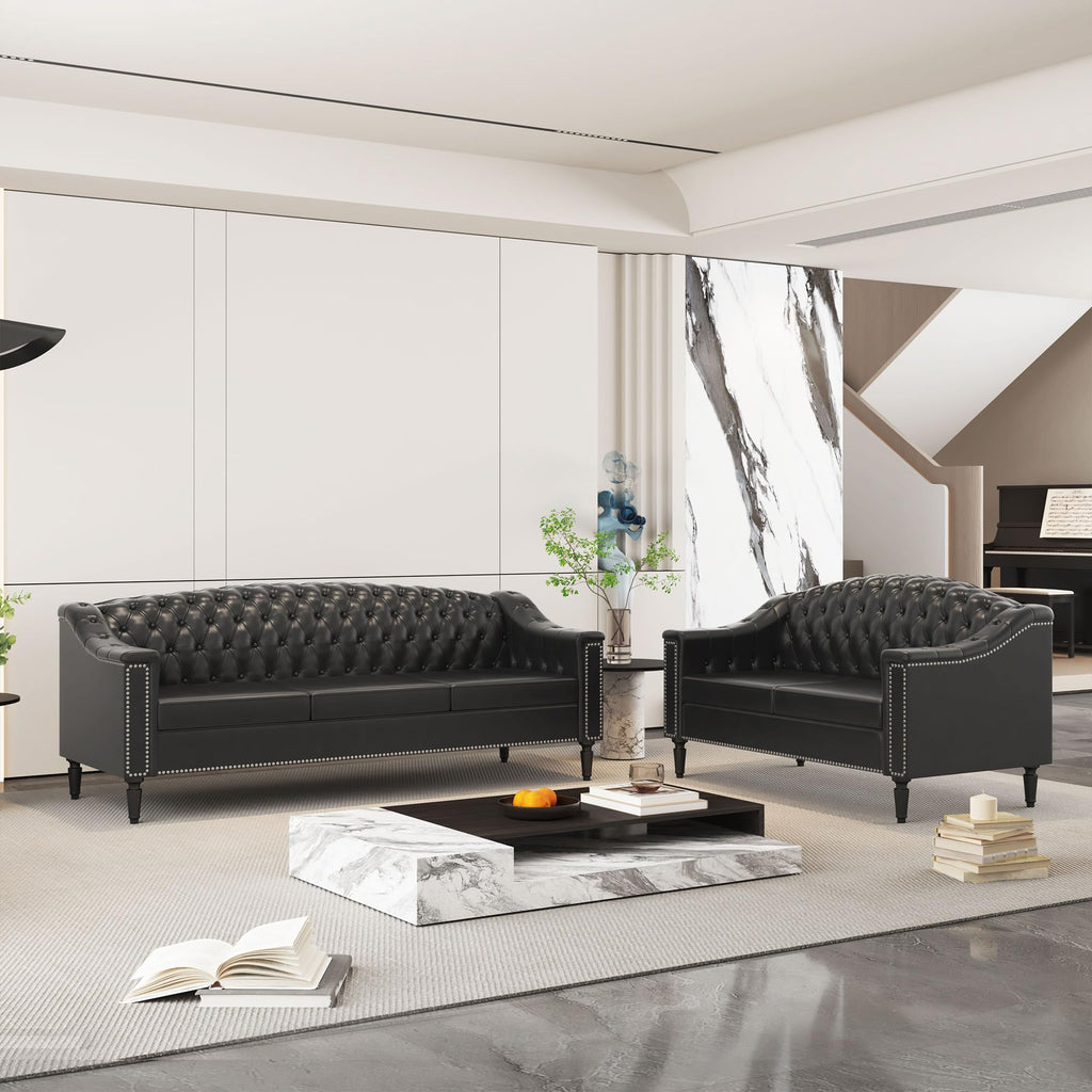 AVZEAR 82" Three Seater Leather Sofa, Chesterfield Sofa, Mid-Century Modern PU Upholstered Sofa Couch, Deep Button Tufted Living Room Sofa with Two Throw Pillows, Black