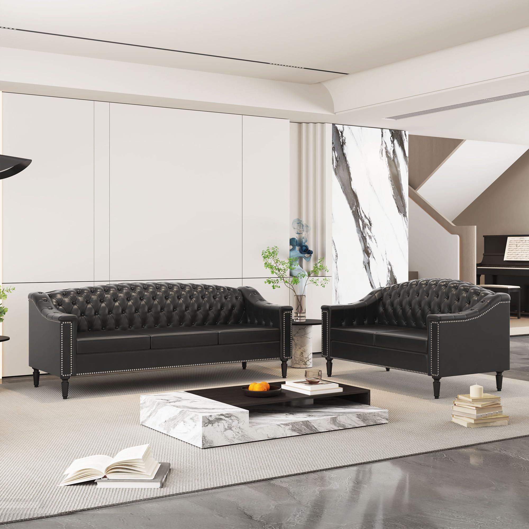 AVZEAR 82" Three Seater Leather Sofa, Chesterfield Sofa, Mid-Century Modern PU Upholstered Sofa Couch, Deep Button Tufted Living Room Sofa with Two Throw Pillows, Black