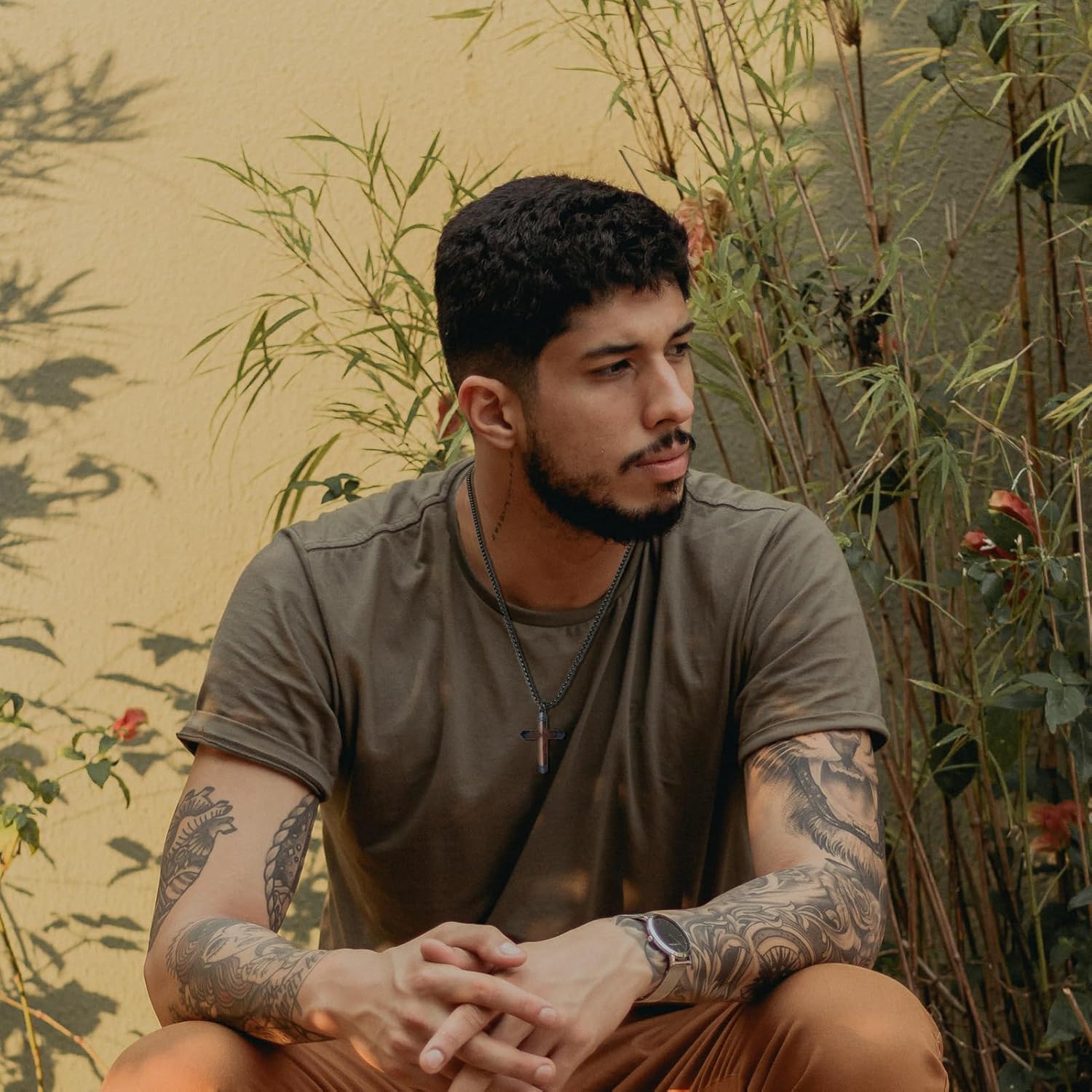 Wooden Cross Necklace for Men, Real Ebony Inset In Black Stainless Steel Christian Wood Crucifix Pendant, Includes Necklace 24" Box Chain