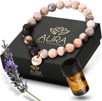 Lava Rock Beaded Diffuser Bracelet for Women with Lavender Essential Oil, 18K Gold-Plated Charm Soothing Crystal Beads Boho Stretch Bracelet for Aromatherapy, Birthday and Valentine’s Day Gift for Her