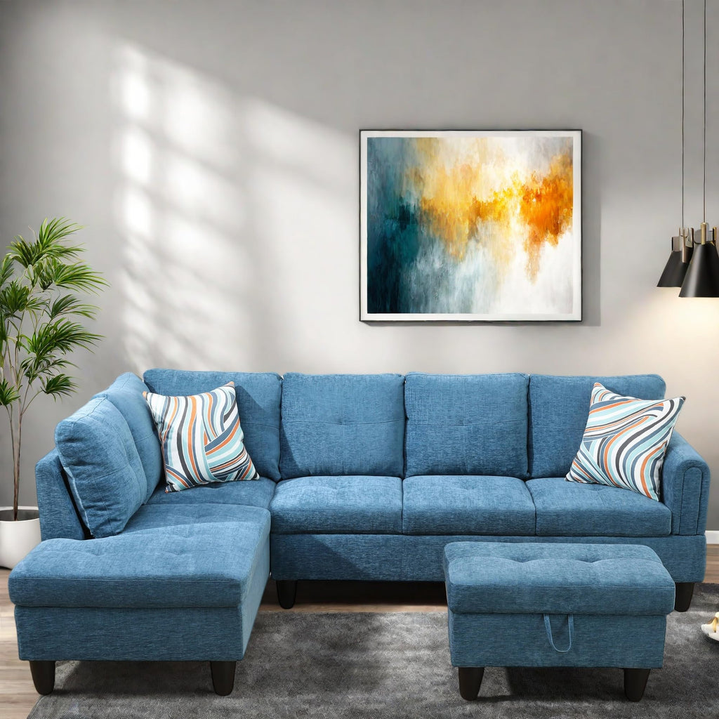 L Shaped Couch, Lounge Sectional Sofa with Chaise for Living Room, 6 Seat Modern Modular Couches with Movable Storage Ottoman, Black Grey