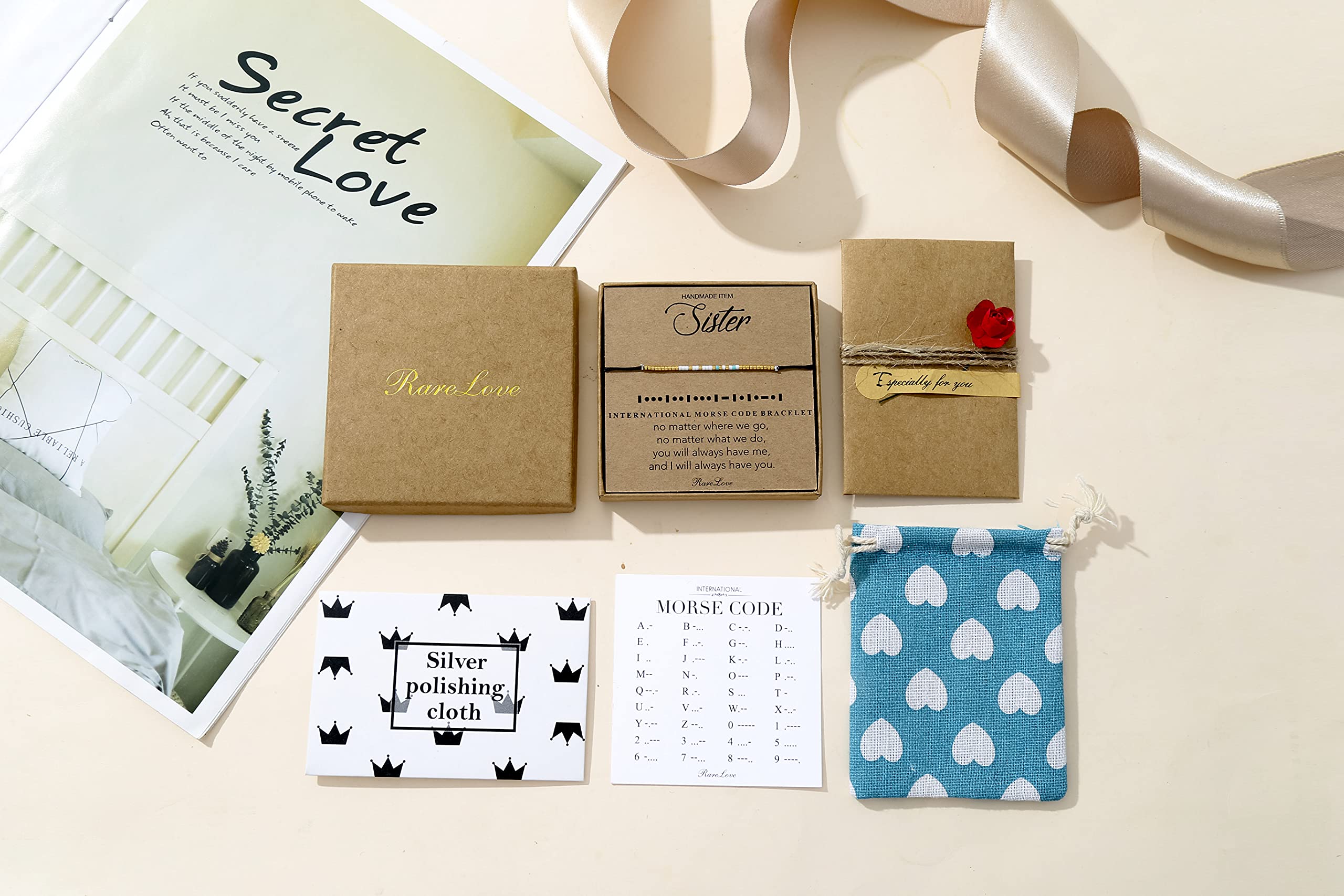 RareLove Søster Morsekode Perlearmbånd Søster Fødselsdagsgaver fra Søster Langdistance Venskab Julegaver Vandtæt Guld Blå Hvid Lille Pony Frøperler Sort Snor