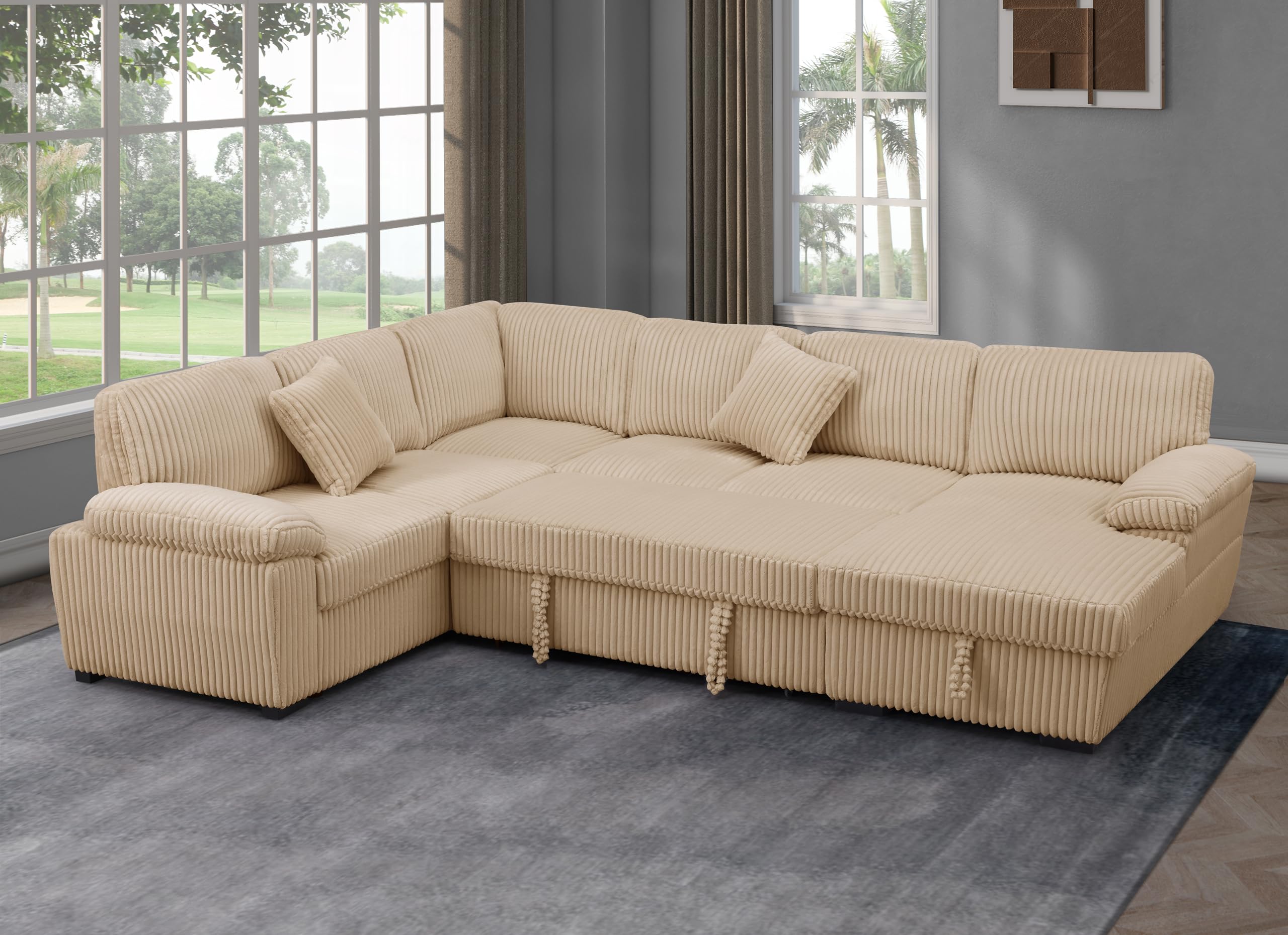 Oversized U-Shaped Sleeper Sectional Sofa Modern Fluffy Corduroy Upholstered Corner Convertible Sofabed with Pull Out Sleeper Couch Bed ,Storage Left Chaise and Pillows for Living Room Furniture Sets