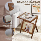 Stand Side Table Plastic Rattan Bedside Tables Glass Coffee Tables Wood Boho End Table with Storage Compact Accent Table for Small Spaces, Perfect for Living Room, Bedroom and Apartment (Brown)