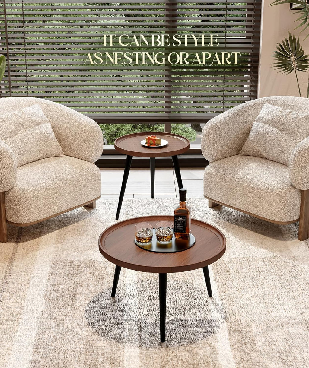 2-Piece Walnut Coffee Table,Durable Mid Century Small Round Coffee Tables for Living Room,Easy Assembly Modern Nesting Coffee Tables Set,Circle Side Tables for Sofa Bedside Balcony
