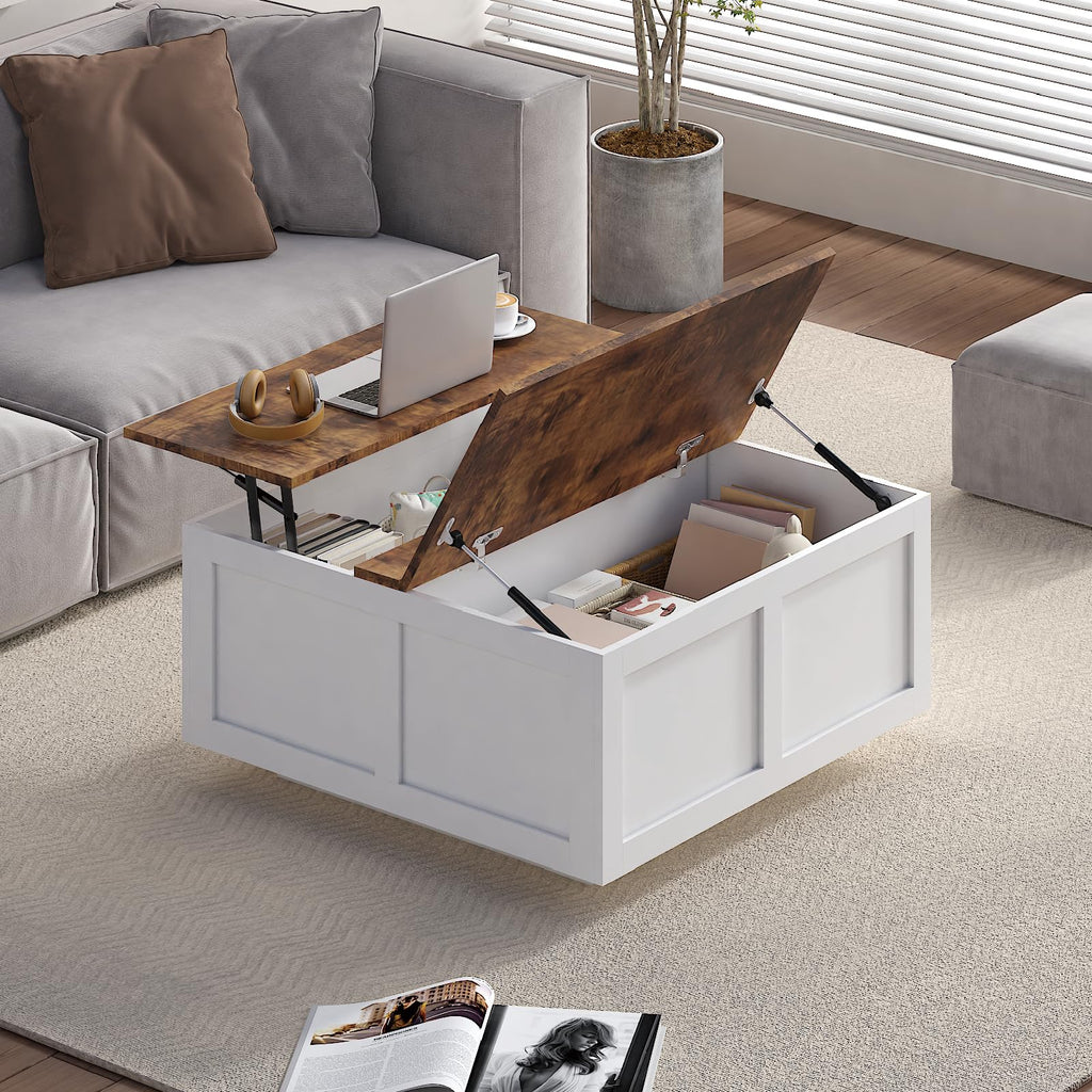 Square Lift Top Coffee Table with Storage, White Led Coffee Table for Living Room with Large Hidden Storage, 30.7" Wood Table Led Center Table for Dining Reception Room