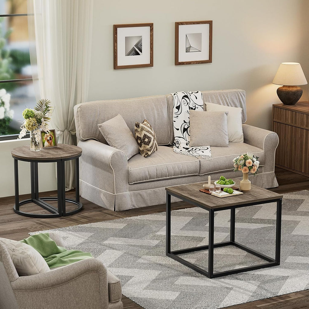GreenForest Coffee Table Oval 3pcs Set, Modern Living Room Table with 2 End Tables, Small Center Table with Metal Frame for Home Apartment, Gray Wash