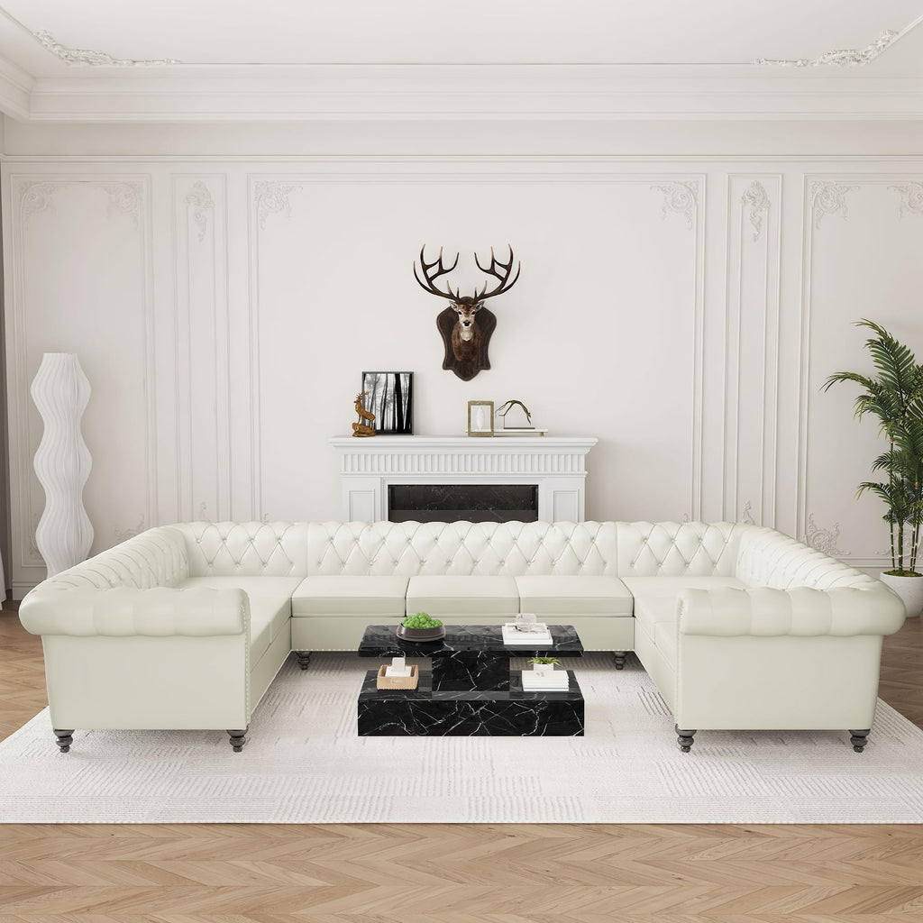 U Shaped Large Sectional Sofa, Chesterfield Leather Faux Couch Tufted Accent Sofa with Scroll Arms and Nailhead for Living Room, Office