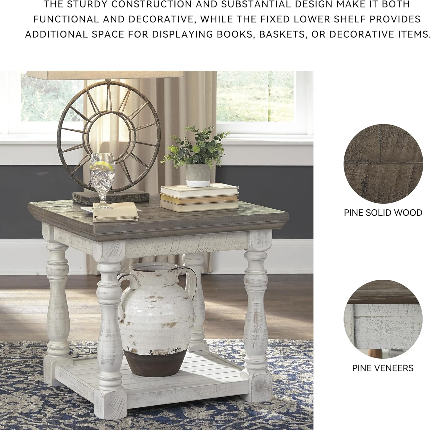 Signature Design by Ashley Havalance Farmhouse Square End Table with Floor Shelf, Vintage Gray & White with Weathered Finish