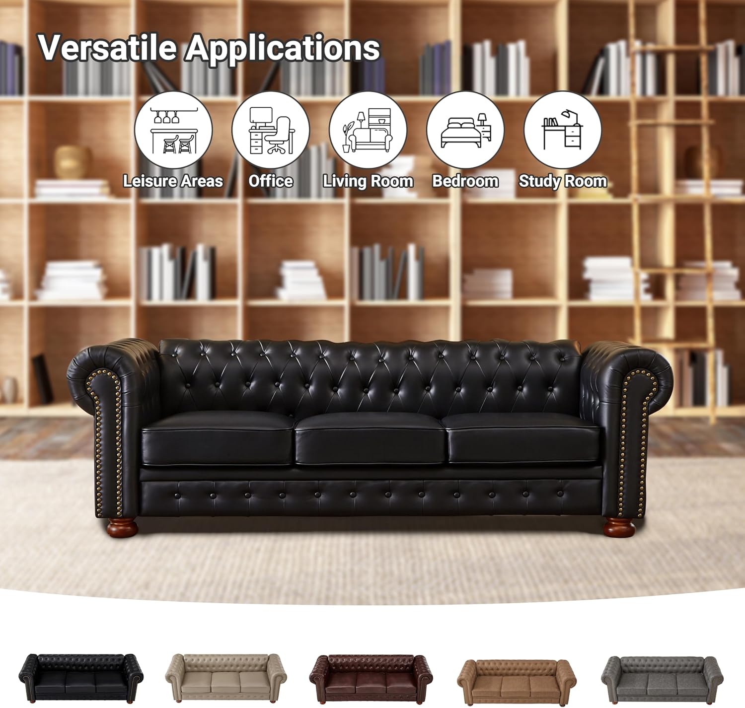 Chesterfield Leather Sofa, 89" Mid Century Modern Couch with Low Back, Roll Arm Nailhead Trim Classic 3 Seater Couch for Living Room, Office, Apartment, PU Black