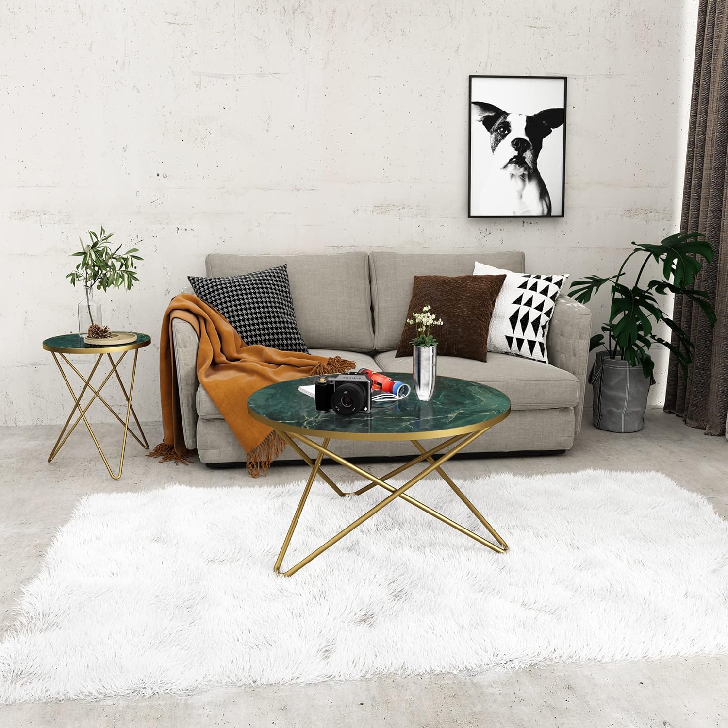 HLR Round Coffee Table with Green Faux Marble Top