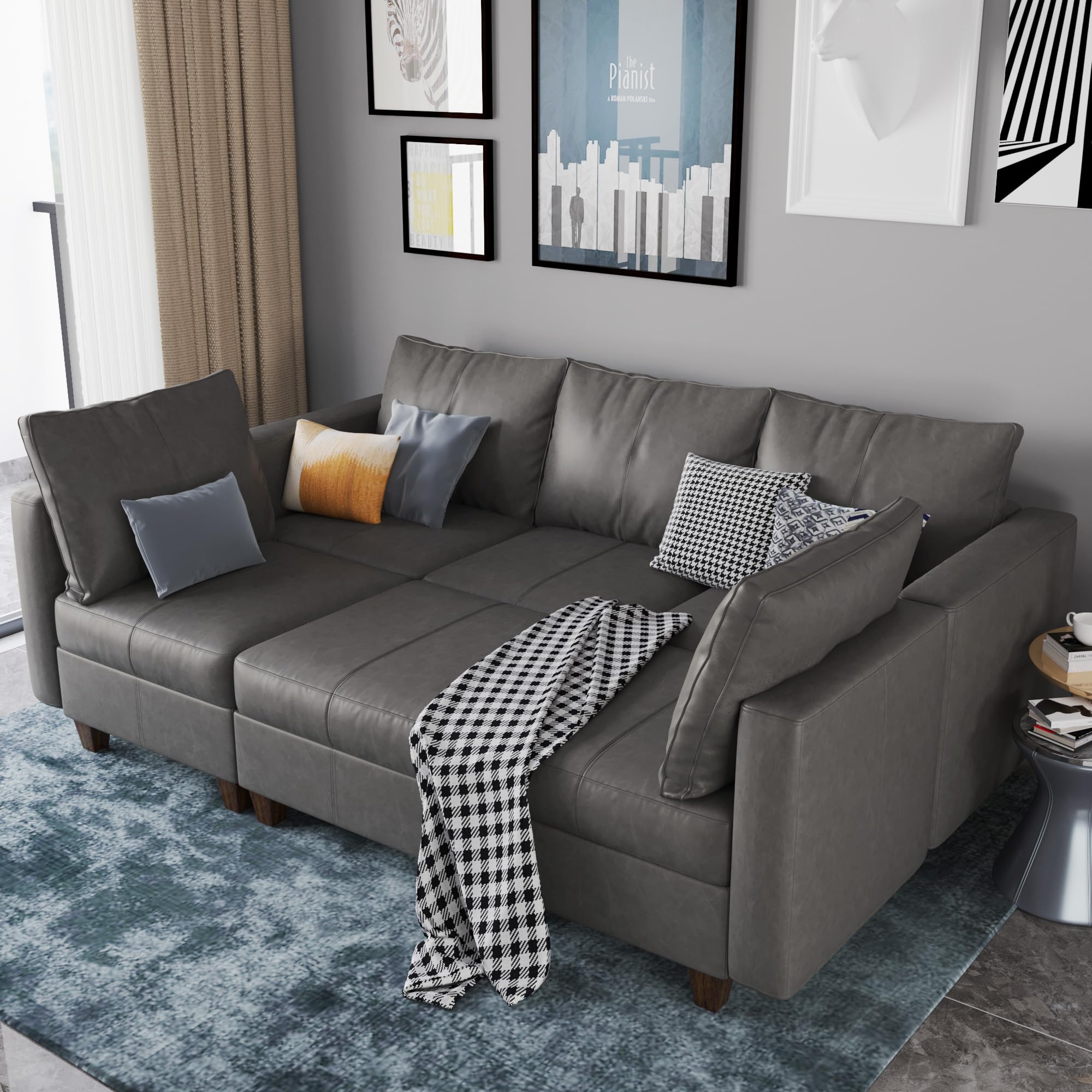 EASE MOOSE Faux Leather Sectional Modular Sleeper Sofa Sectional Sofa Bed with Storage, Faux Leather Modular Sofa Sectional Couch Brown