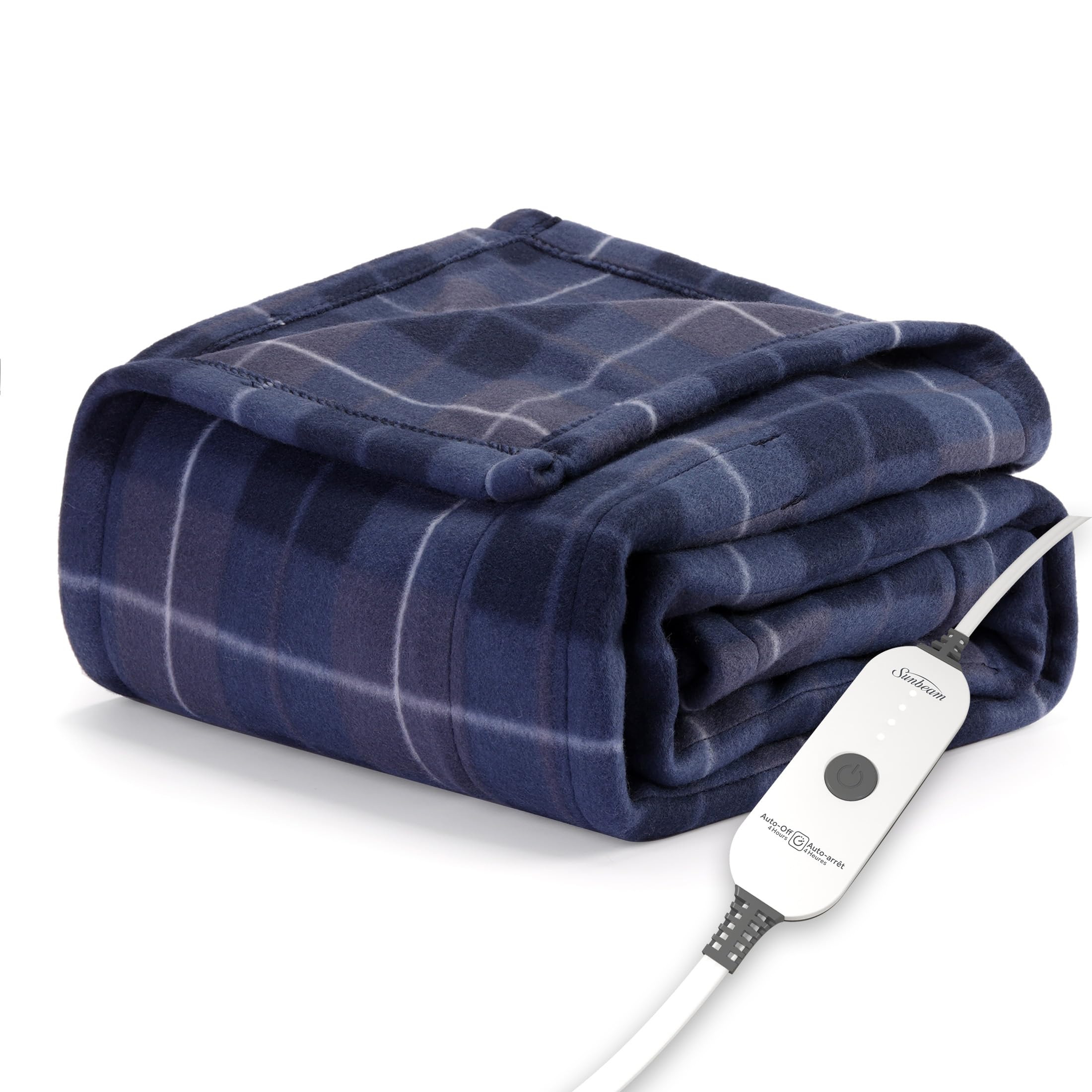 Sunbeam Royal Ultra Fleece Heated Electric Blanket Queen Size, 90" x 84", 12 Heat Settings, 12-Hour Selectable Auto Shut-Off, Fast Heating, Machine Washable, Warm and Cozy, Indigo