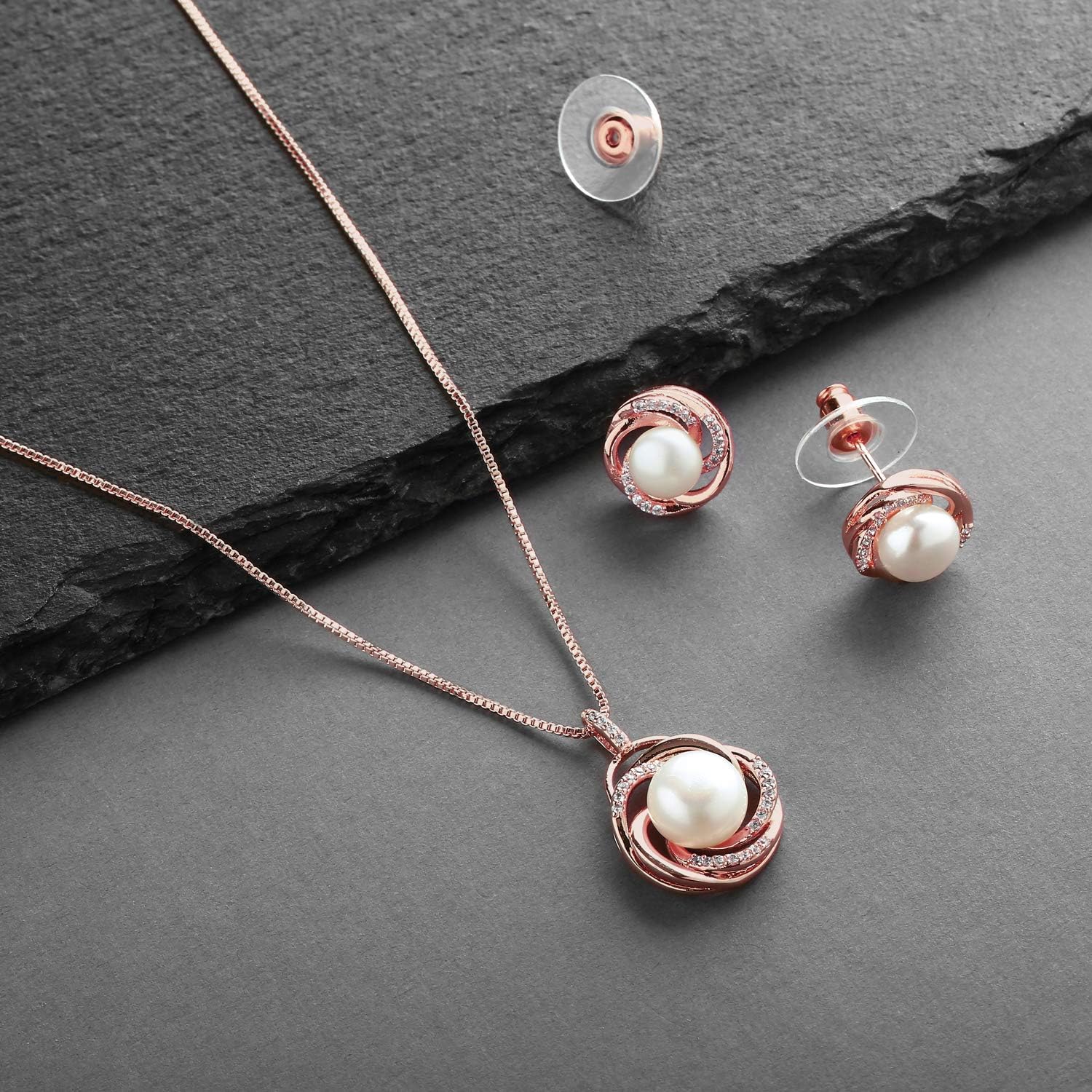Mariell Freshwater Pearl Rose Gold Wedding Necklace Earrings Set for Brides, Bridesmaids, Jewelry Gift