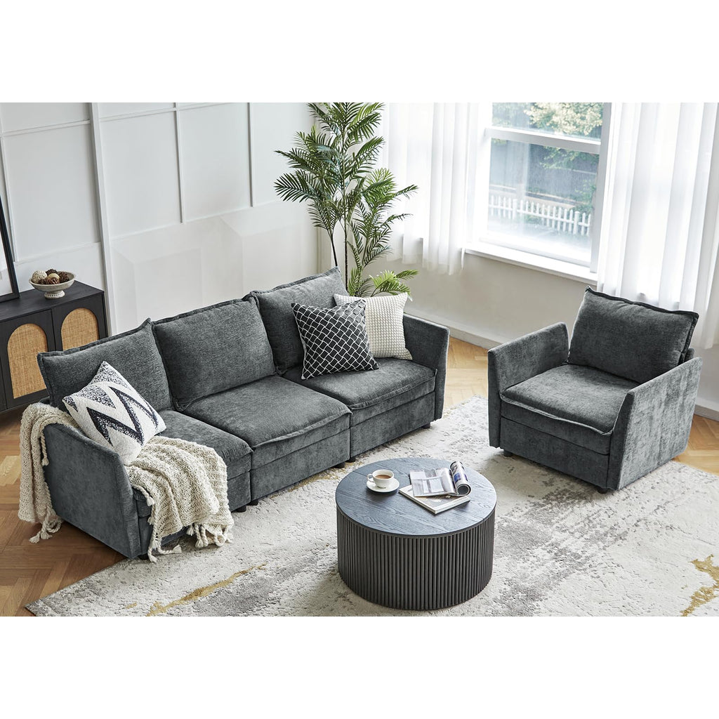 HULALA HOME 127'' Modular Sectional Sofa, Oversized U Shaped Couch with Storage Ottoman, Extra Deep Seat, Modern Comfy Chenille Sofa with Chaise, 6 Seat Convertible Couches for Living Room, Beige