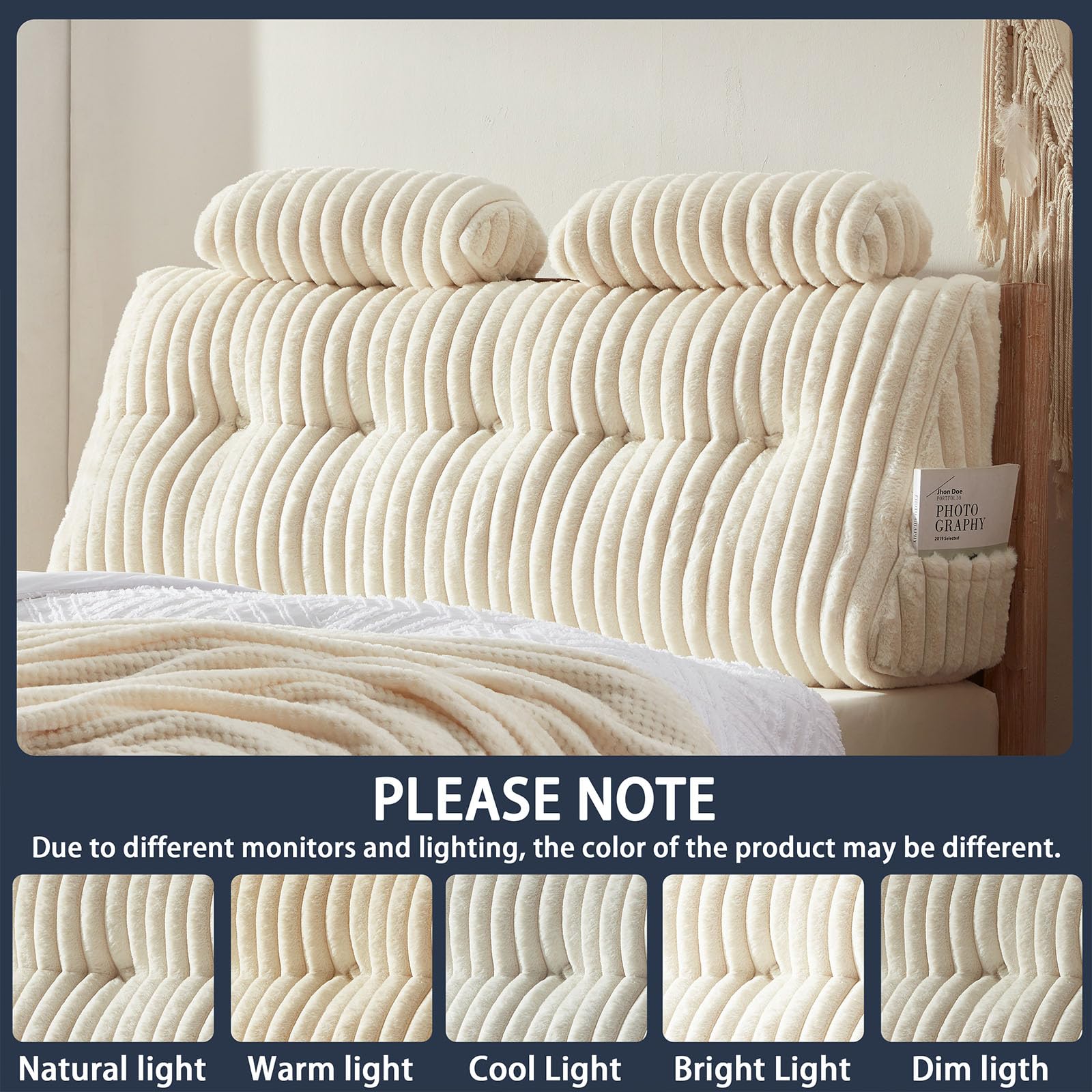 Rycwola hovedgærde pude i imiteret pels med 2 stk nakkepuder stor hovedgærde pude blød og støttende med aftageligt betræk (Beige, Queen)