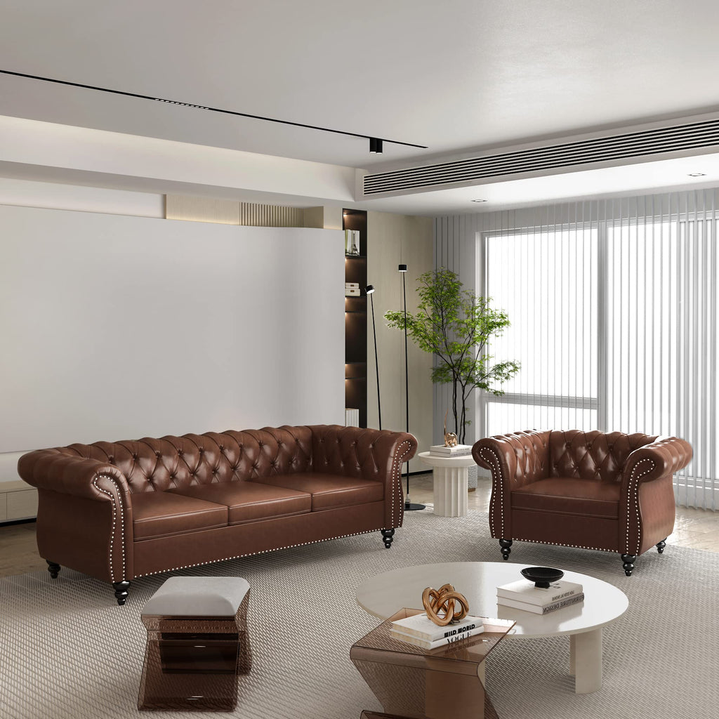 QHITTY 3 Piece Living Room Set, Sectional Chesterfield Sofa Chair Contemporary Upholstered Leather Loveseat Couch Sets for Living Room, Bedroom, Office