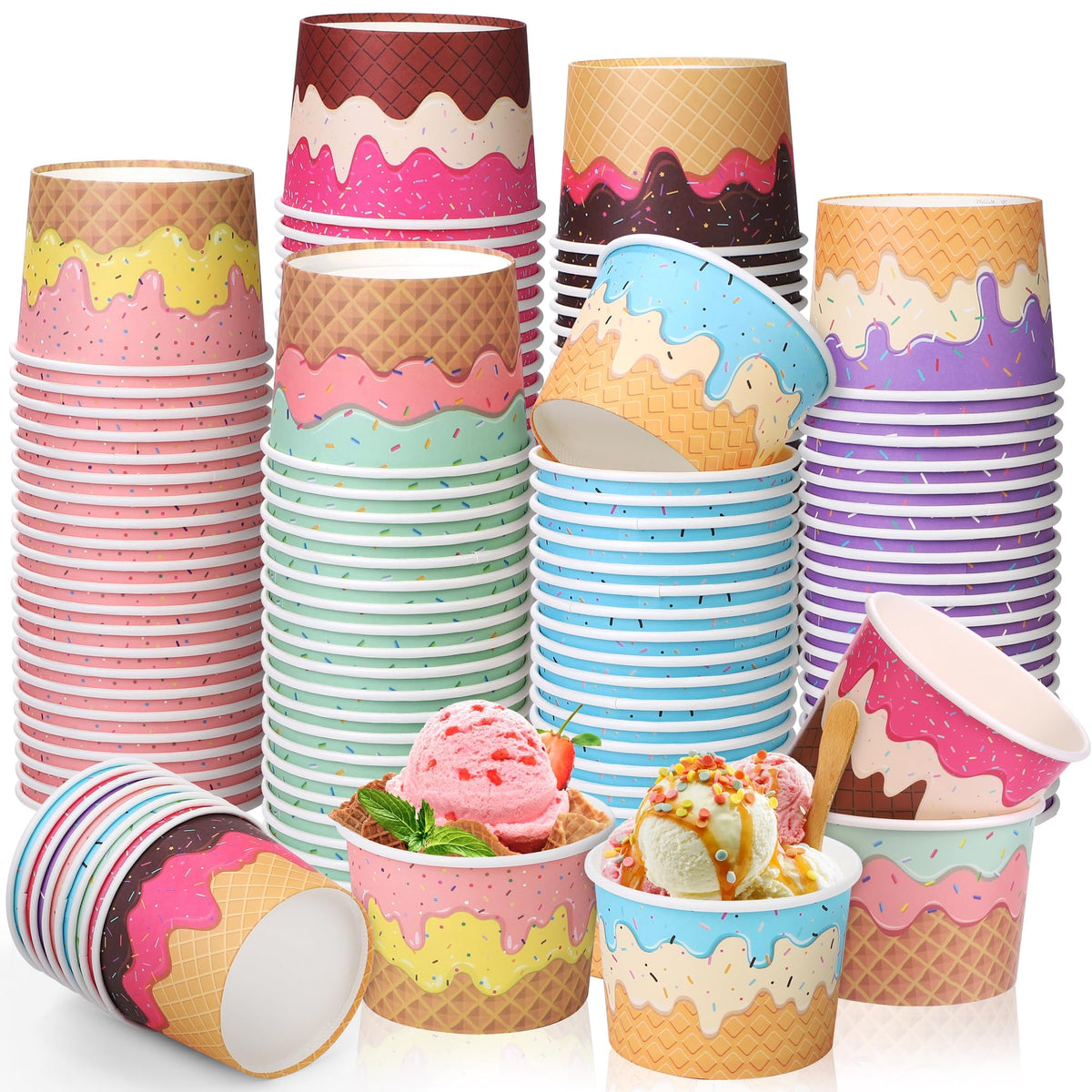 Aodaer 120 Stück 8 Unzen Einweg-Eiscremebehälter Sundae-Schalen Teeparty-Dekorationen Sommer-Snackbecher Papier-Dessert-Joghurt-Schalen Snack-Schalen Becher für Dessert Joghurt Party Bar Zubehör