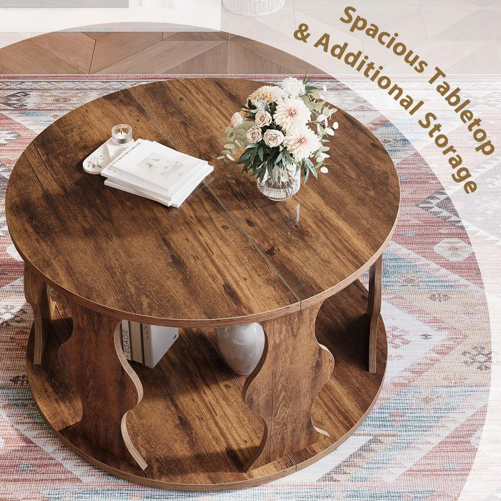 HSH Round Wood Coffee Table, 2 Tier Circle Center Table with Storage, Farmhouse Modern Wooden Living Room Coffee Tea Tables, Unique Vintage Circular Middle Cocktail Table, 31.5 in Rustic Brown