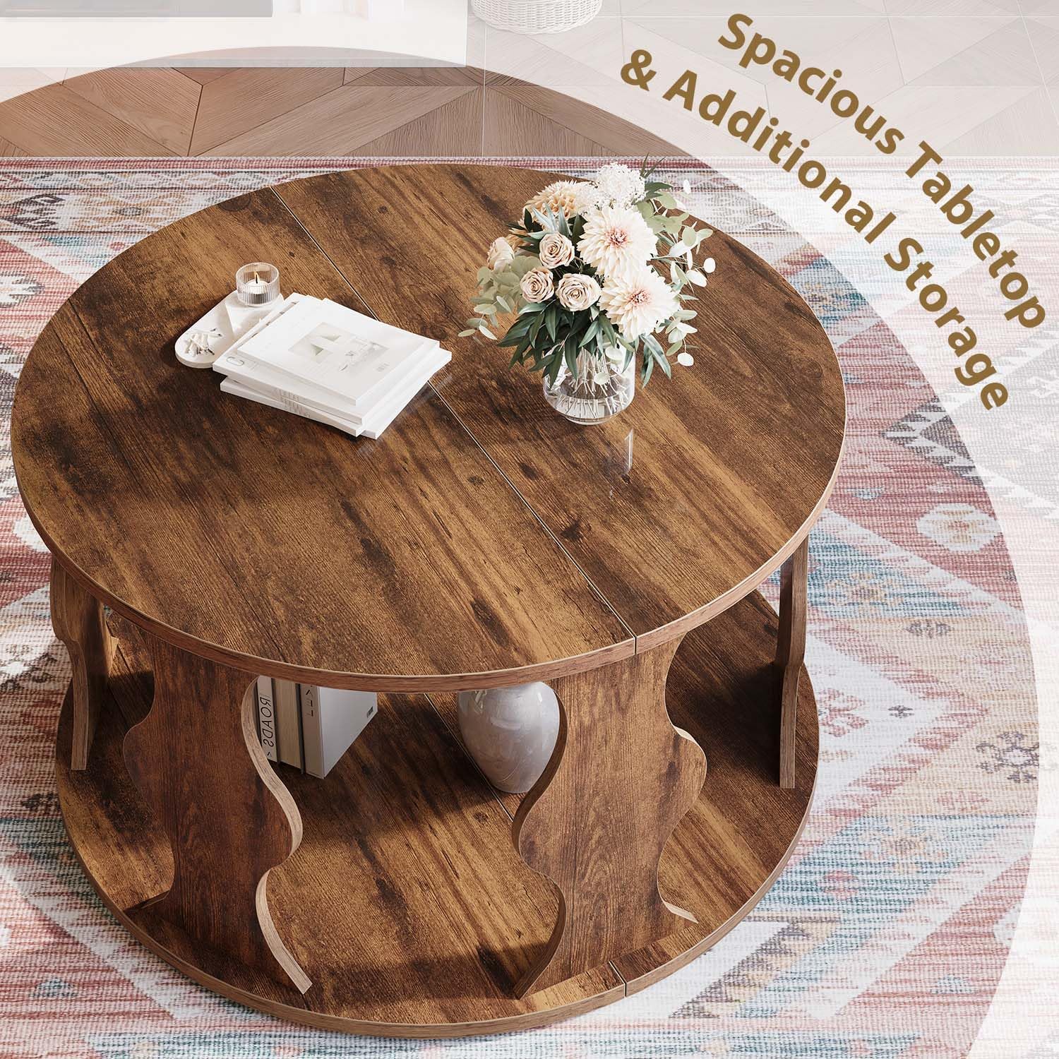 HSH Round Wood Coffee Table, 2 Tier Circle Center Table with Storage, Farmhouse Modern Wooden Living Room Coffee Tea Tables, Unique Vintage Circular Middle Cocktail Table, 31.5 in Rustic Brown