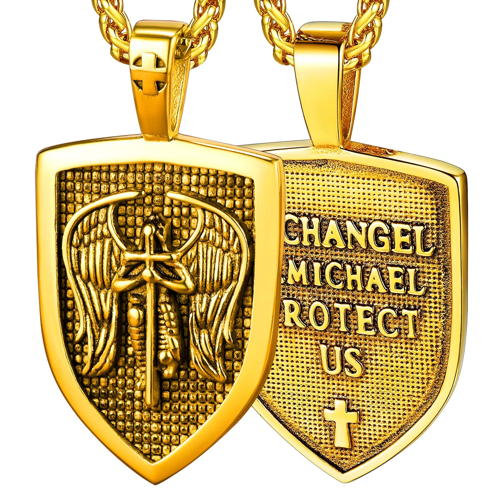 FaithHeart Saint Michael Necklace, Stainless Steel/18K Gold Plated St Michael the Archangel Pendant Amulet for Men Women with Gift Packaging