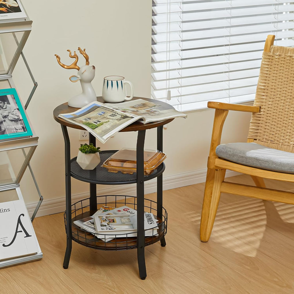 X-cosrack Round Side Table, Industrial Retro End Table with Storage,Coffee Snack Table for Living Room, Bedroom,Kitchen,Office,Stable Wood and Metal Frame,Rustic Brown