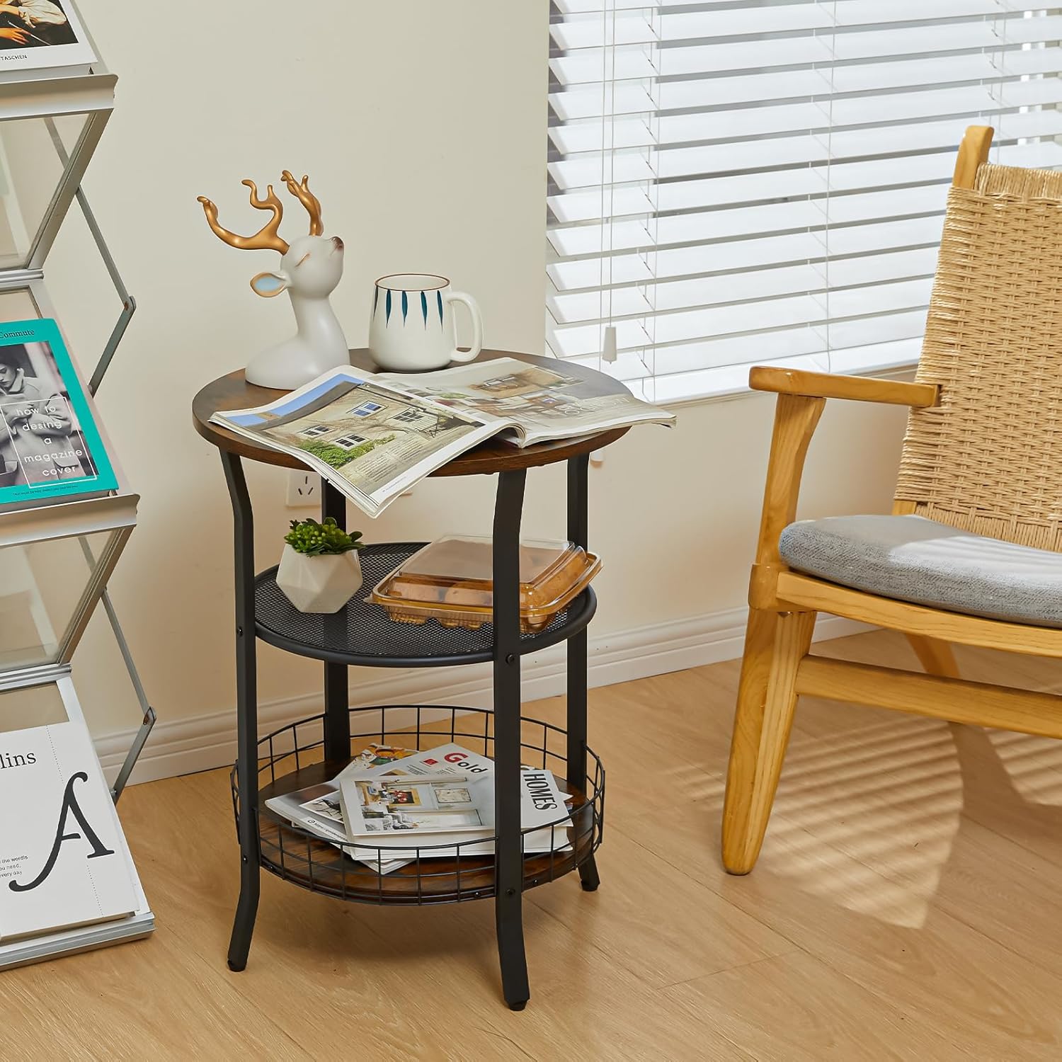 X-cosrack Round Side Table, Industrial Retro End Table with Storage,Coffee Snack Table for Living Room, Bedroom,Kitchen,Office,Stable Wood and Metal Frame,Rustic Brown