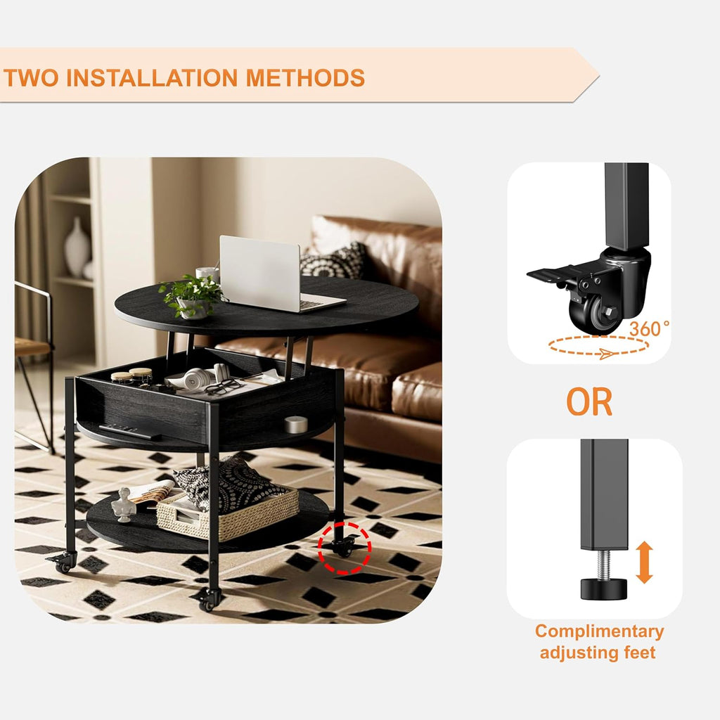 Mid Century Black Coffee Table, 26.77” Lift Top Coffee Table with Removeable Wheels, Hidden Compartment and Open Shelf, Wood Lift Tabletop Central Dining Table for Living Room, Home Office